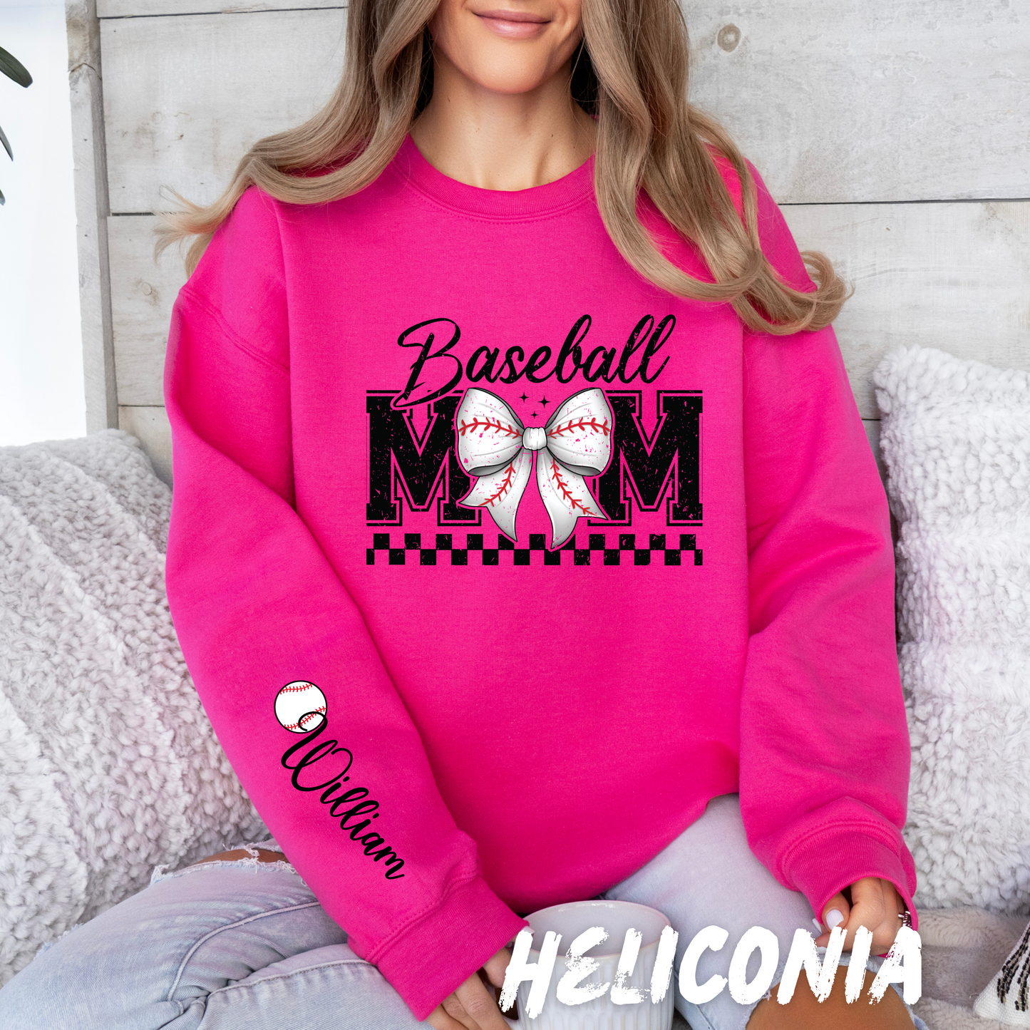 Personalized Coquette Baseball Mom Sweatshirt with Name on Sleeve
