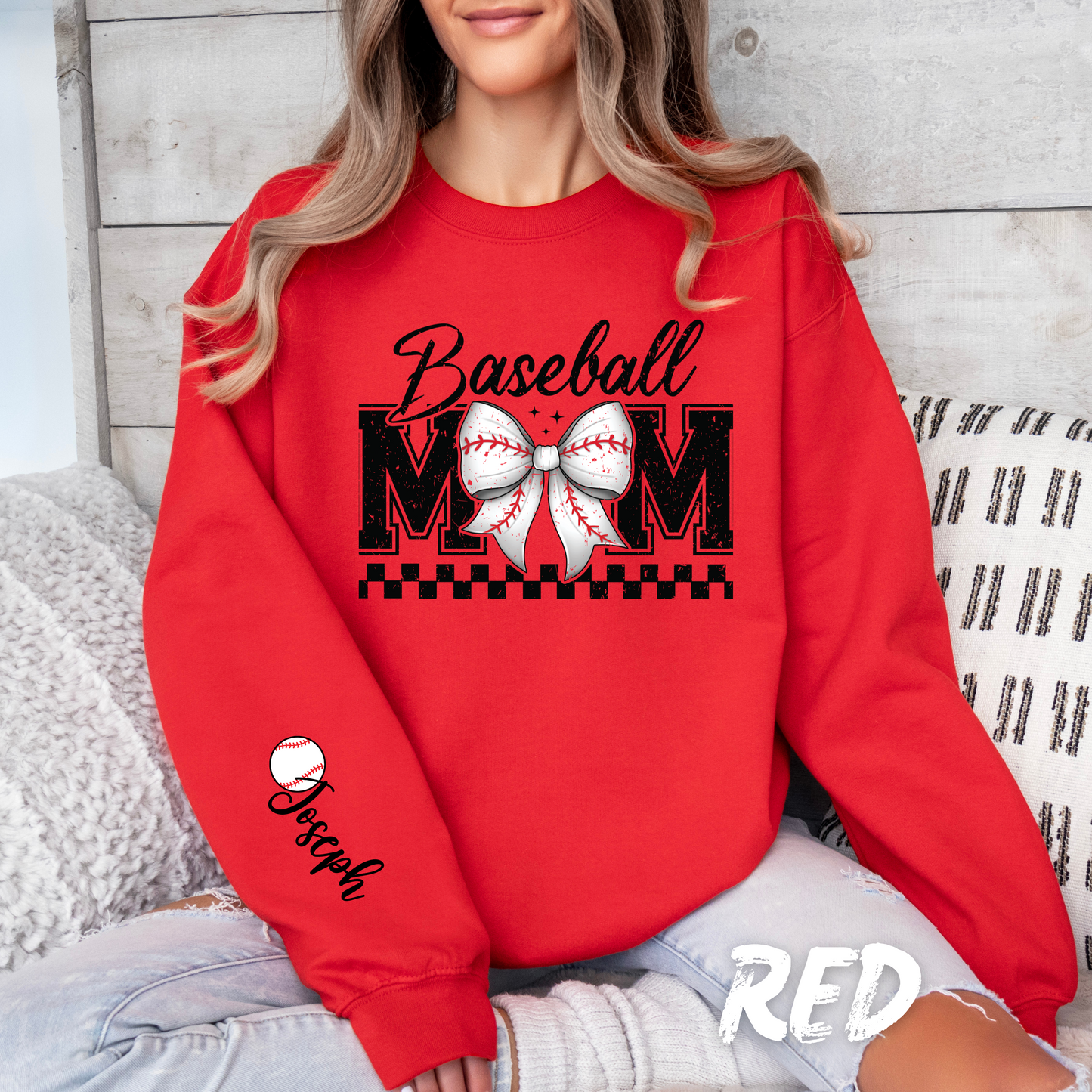 Personalized Coquette Baseball Mom Sweatshirt with Name on Sleeve