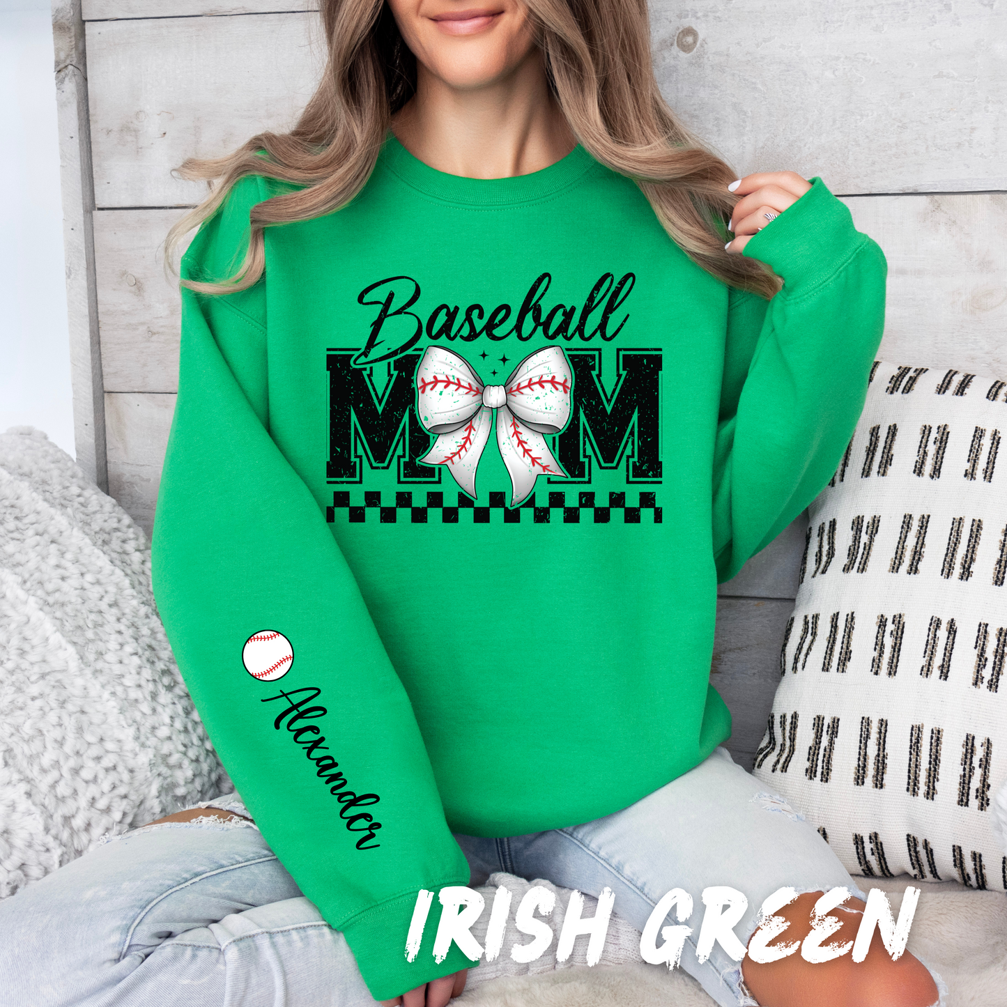 Personalized Coquette Baseball Mom Sweatshirt with Name on Sleeve