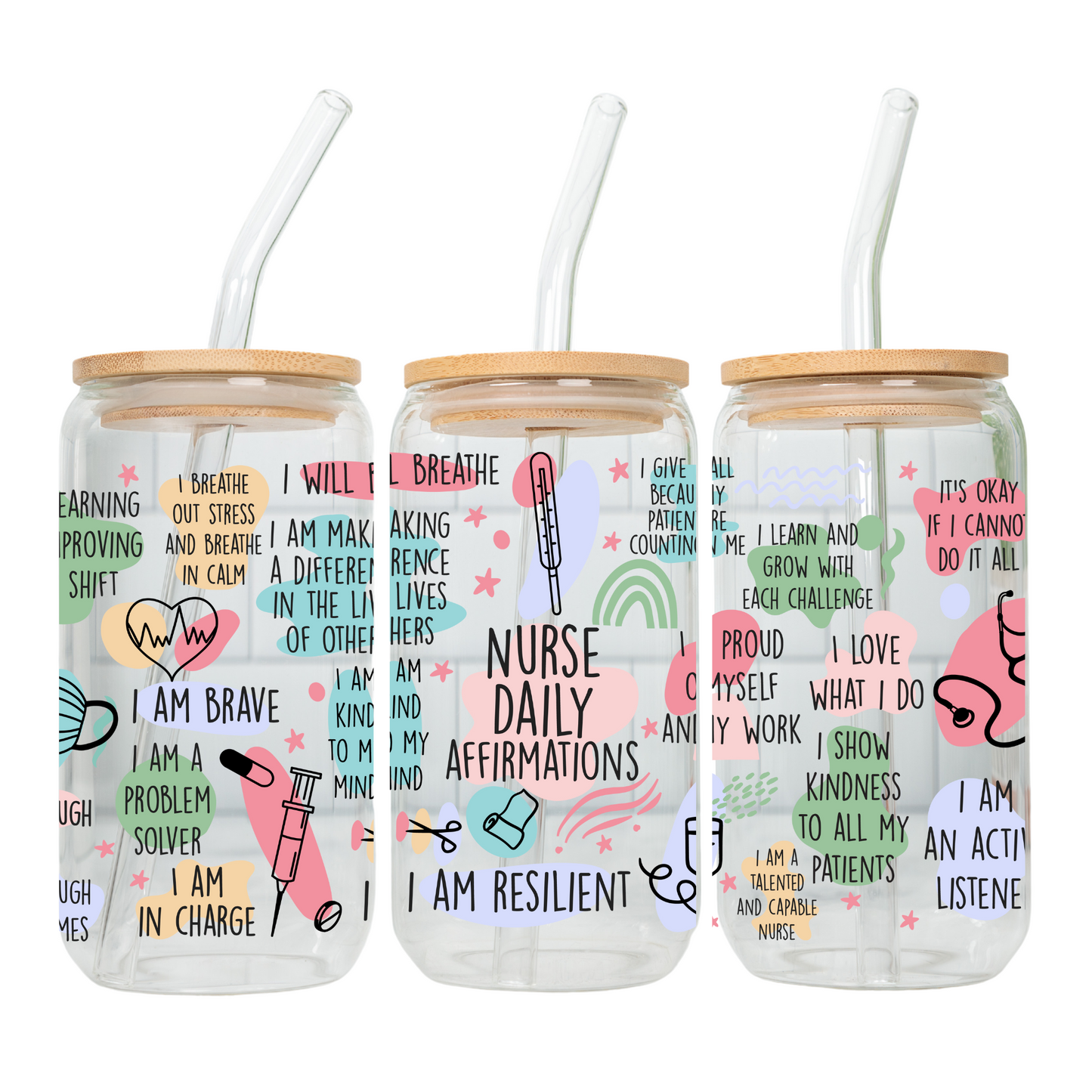 Daily Motivation Glass Cup 20oz with Glass Straw and Bamboo Lid Teacher gifts