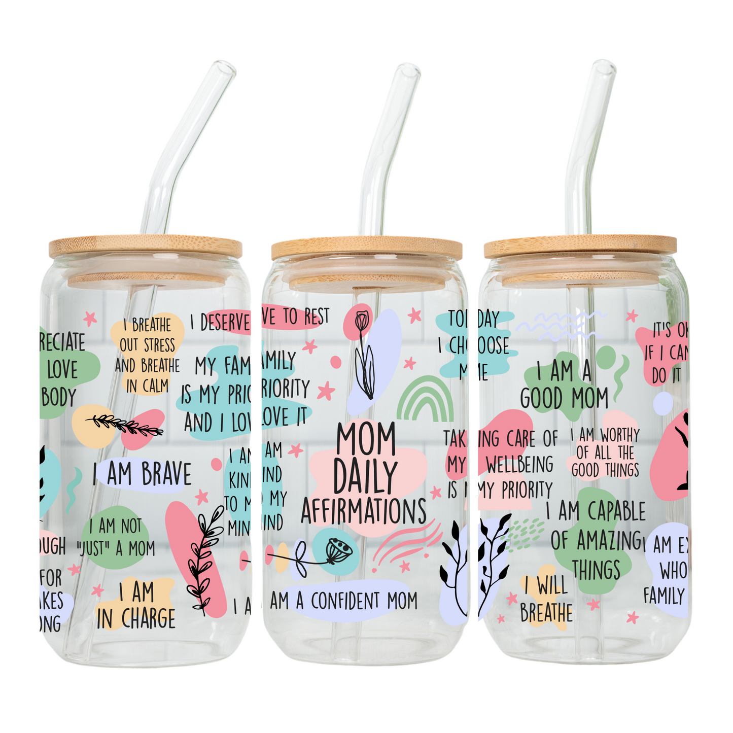 Daily Motivation Glass Cup 20oz with Glass Straw and Bamboo Lid Teacher gifts
