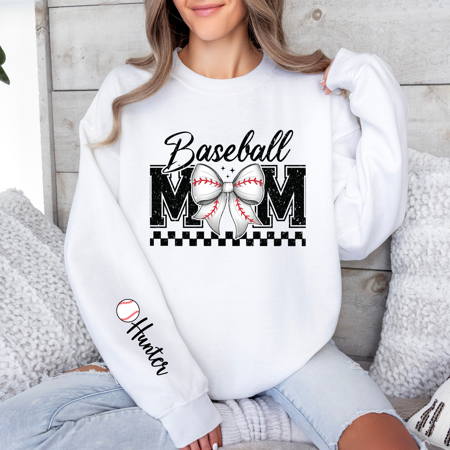 Personalized Coquette Baseball Mom Sweatshirt with Name on Sleeve