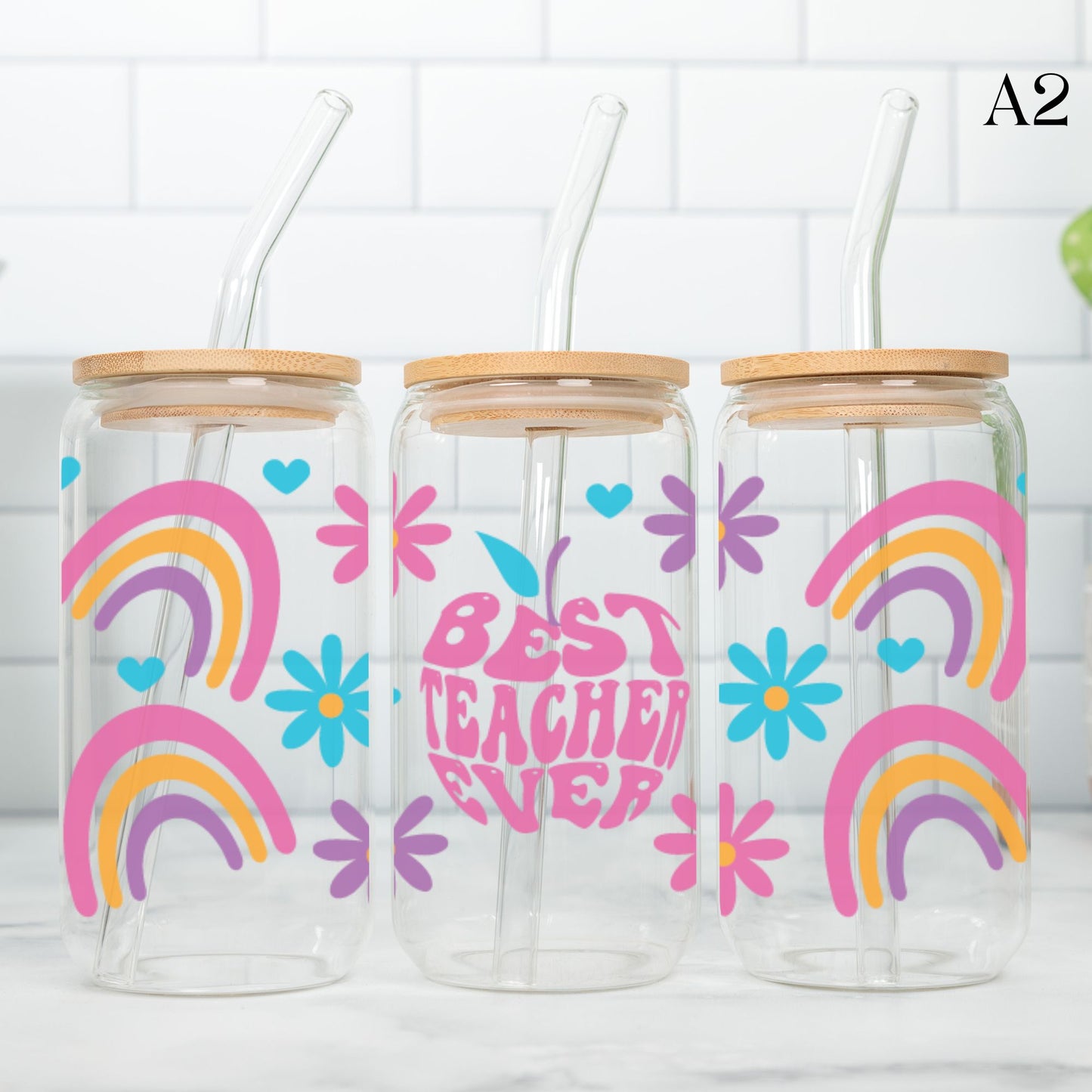 Teacher Glass Cup 20oz with Glass Straw and Bamboo Lid Teacher gifts
