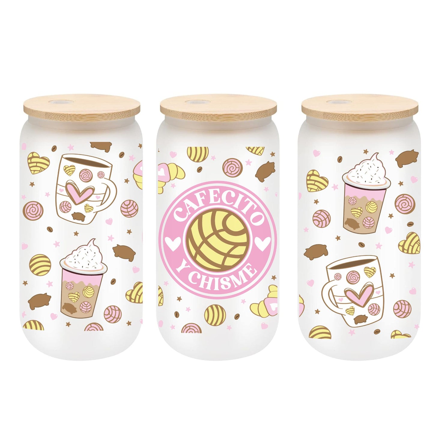 Cafecito y Chisme Glass Cup 16oz with Glass Straw and Bamboo Lid Coffee lover gifts