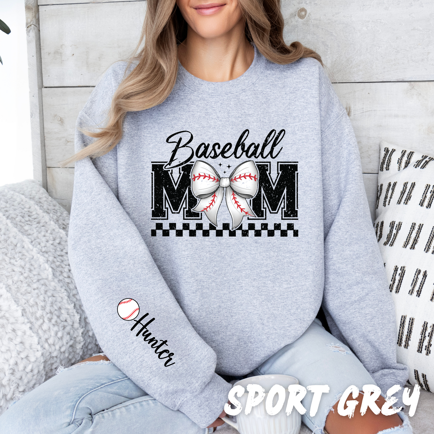 Personalized Coquette Baseball Mom Sweatshirt with Name on Sleeve