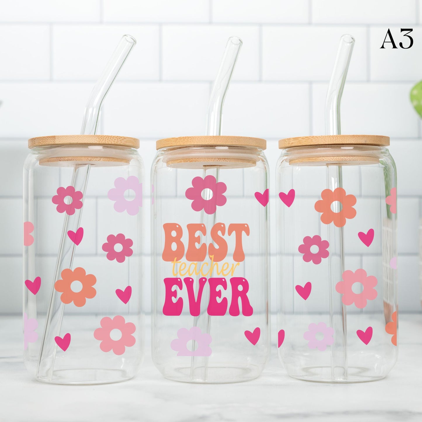 Teacher Glass Cup 20oz with Glass Straw and Bamboo Lid Teacher gifts