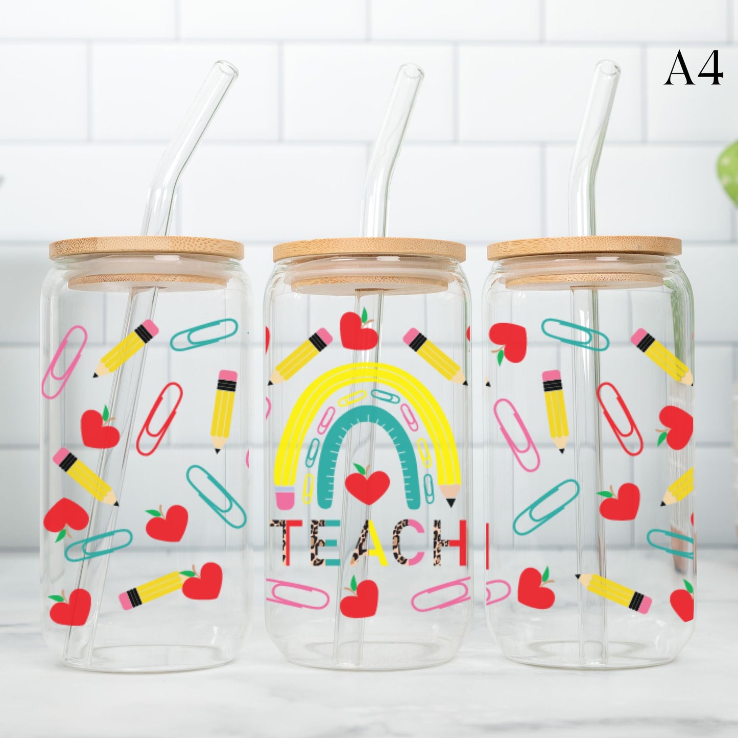 Teacher Glass Cup 20oz with Glass Straw and Bamboo Lid Teacher gifts