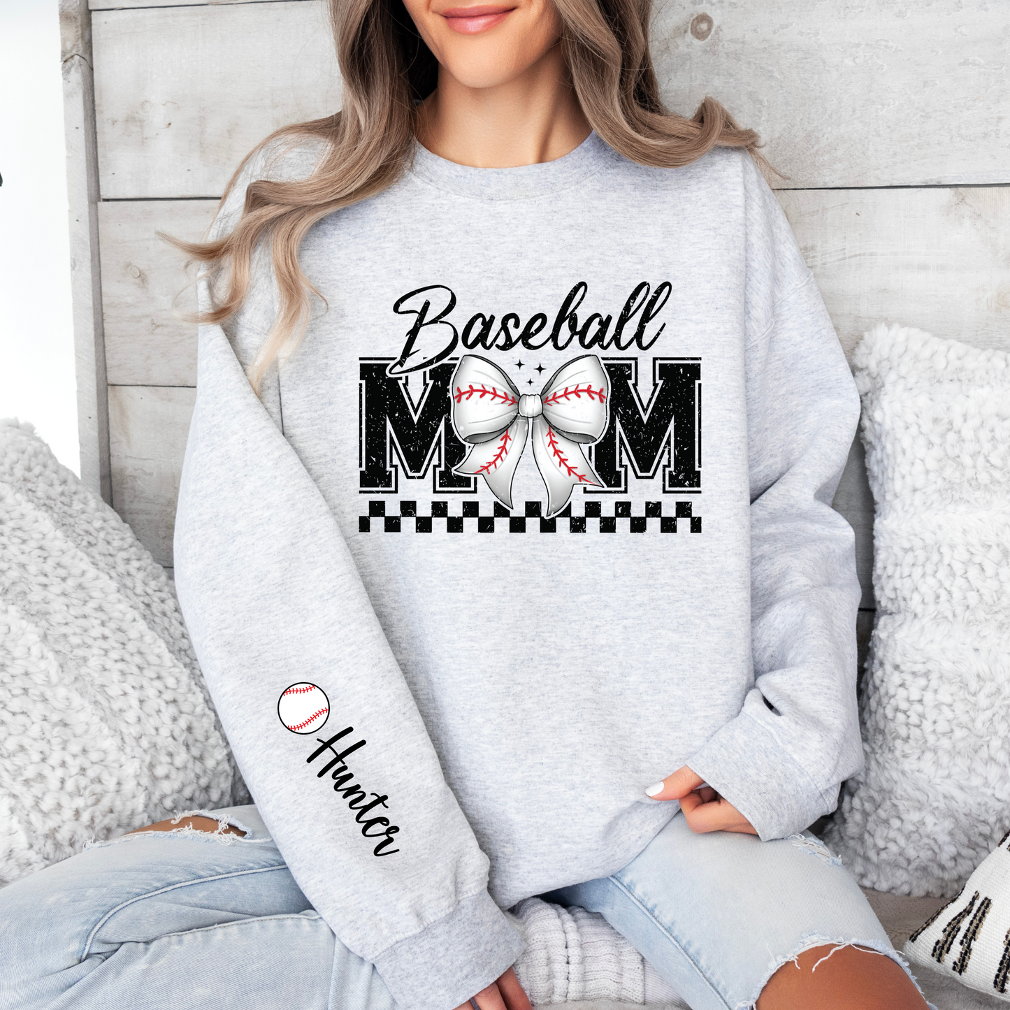 Personalized Coquette Baseball Mom Sweatshirt with Name on Sleeve
