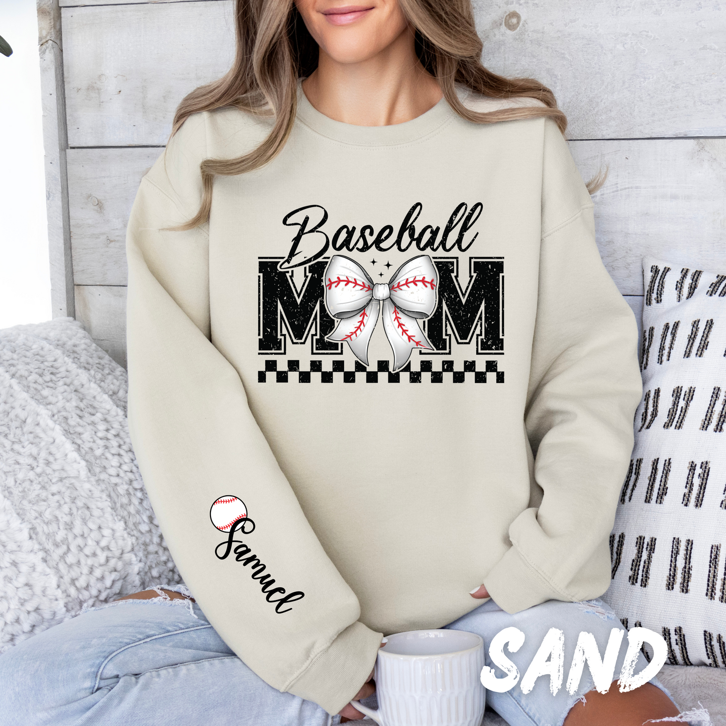 Personalized Coquette Baseball Mom Sweatshirt with Name on Sleeve