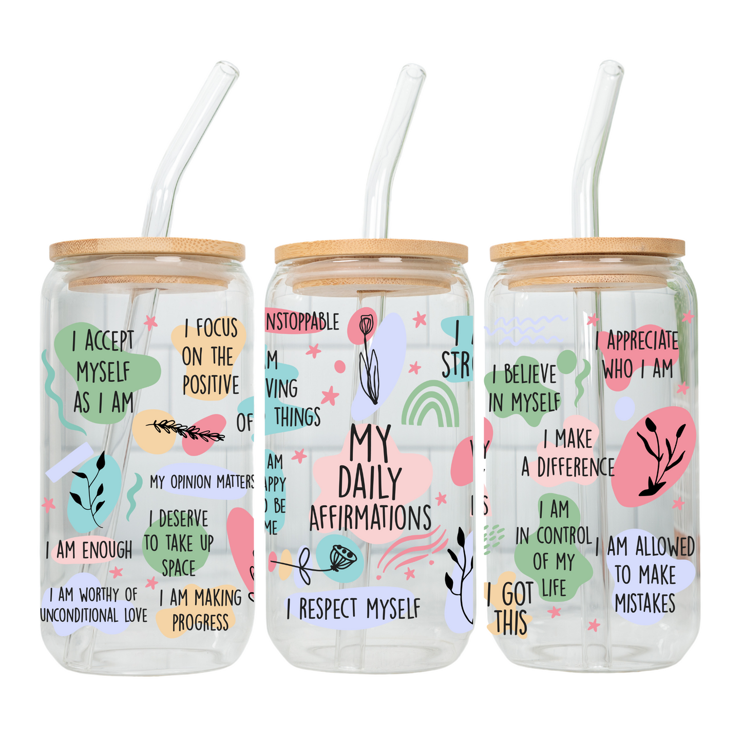 Daily Motivation Glass Cup 20oz with Glass Straw and Bamboo Lid Teacher gifts