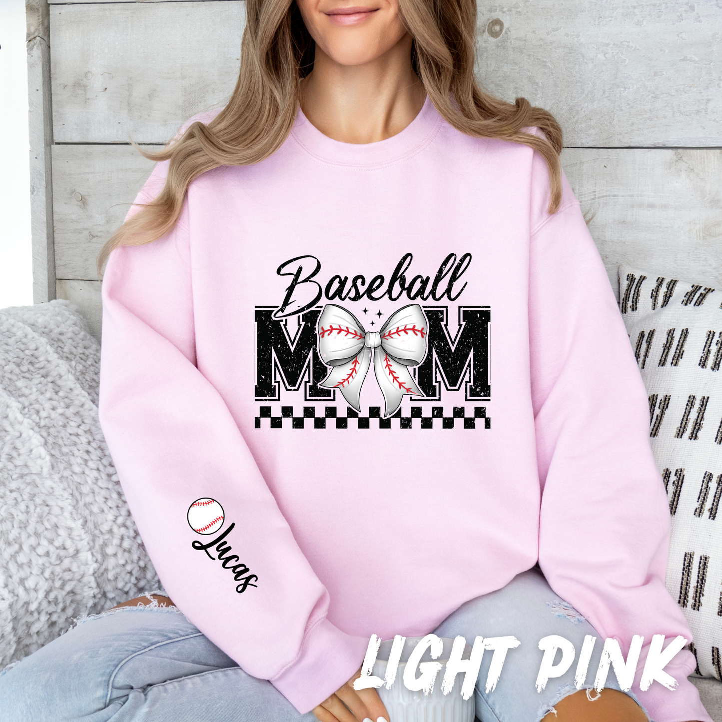 Personalized Coquette Baseball Mom Sweatshirt with Name on Sleeve
