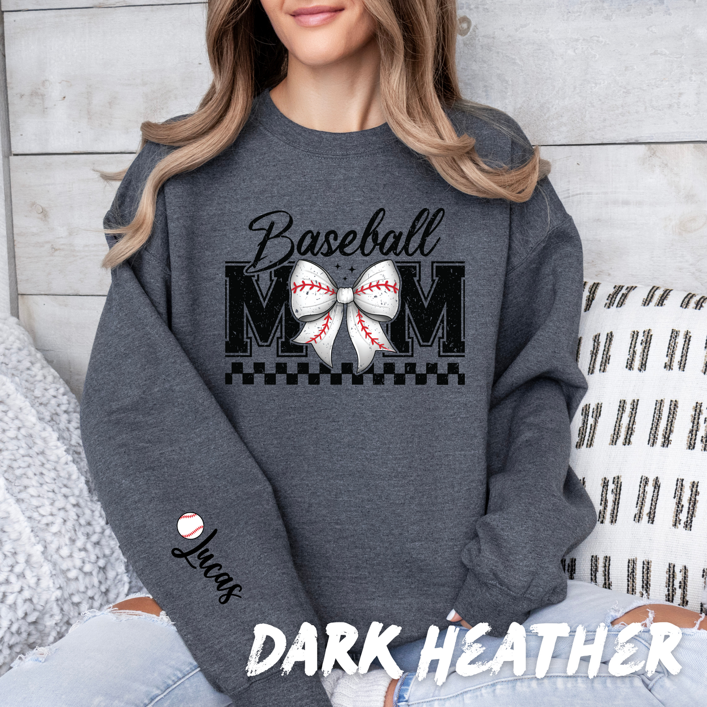 Personalized Coquette Baseball Mom Sweatshirt with Name on Sleeve