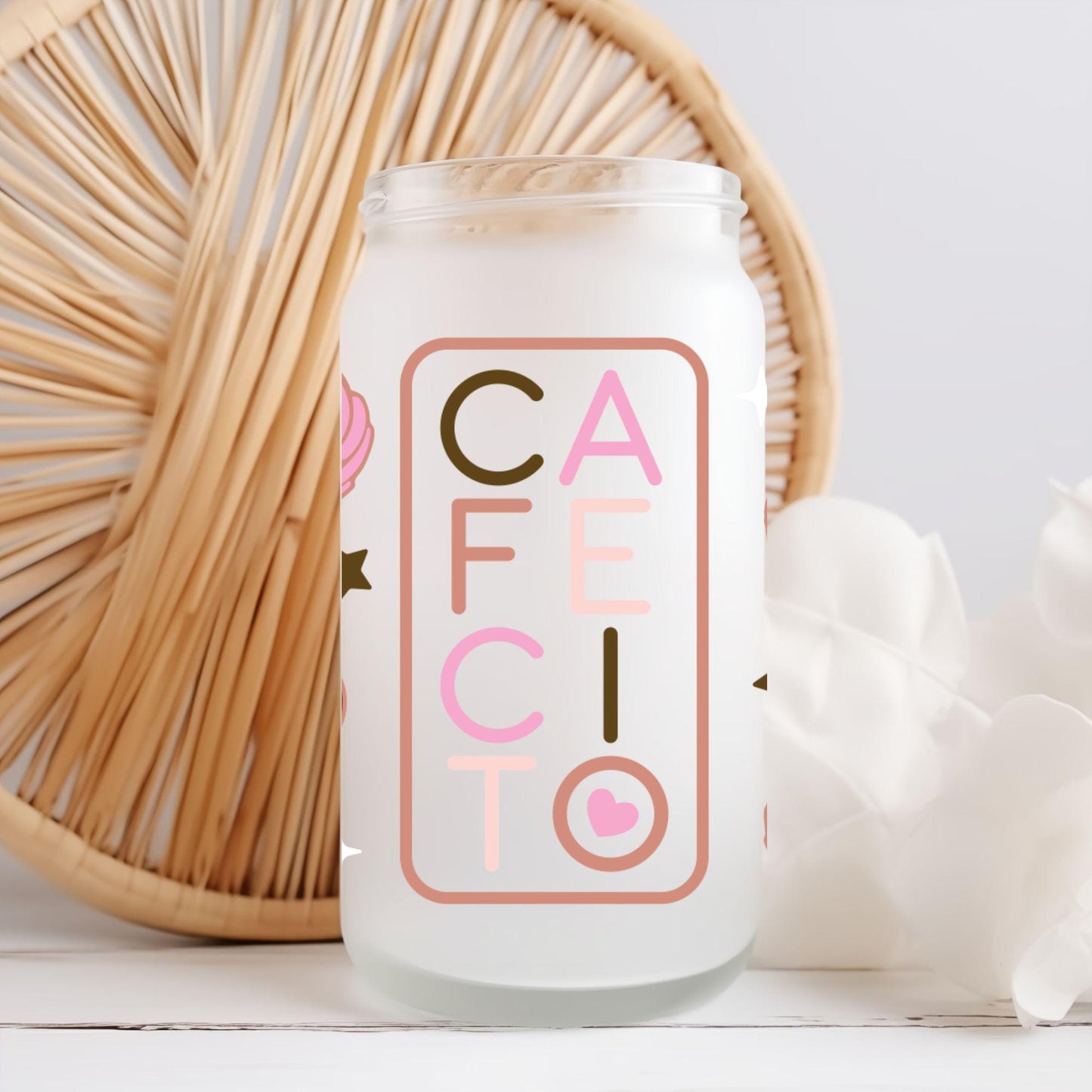 Cafecito Glass Cup 16oz with Glass Straw and Bamboo Lid Coffee lover gifts for Latinos