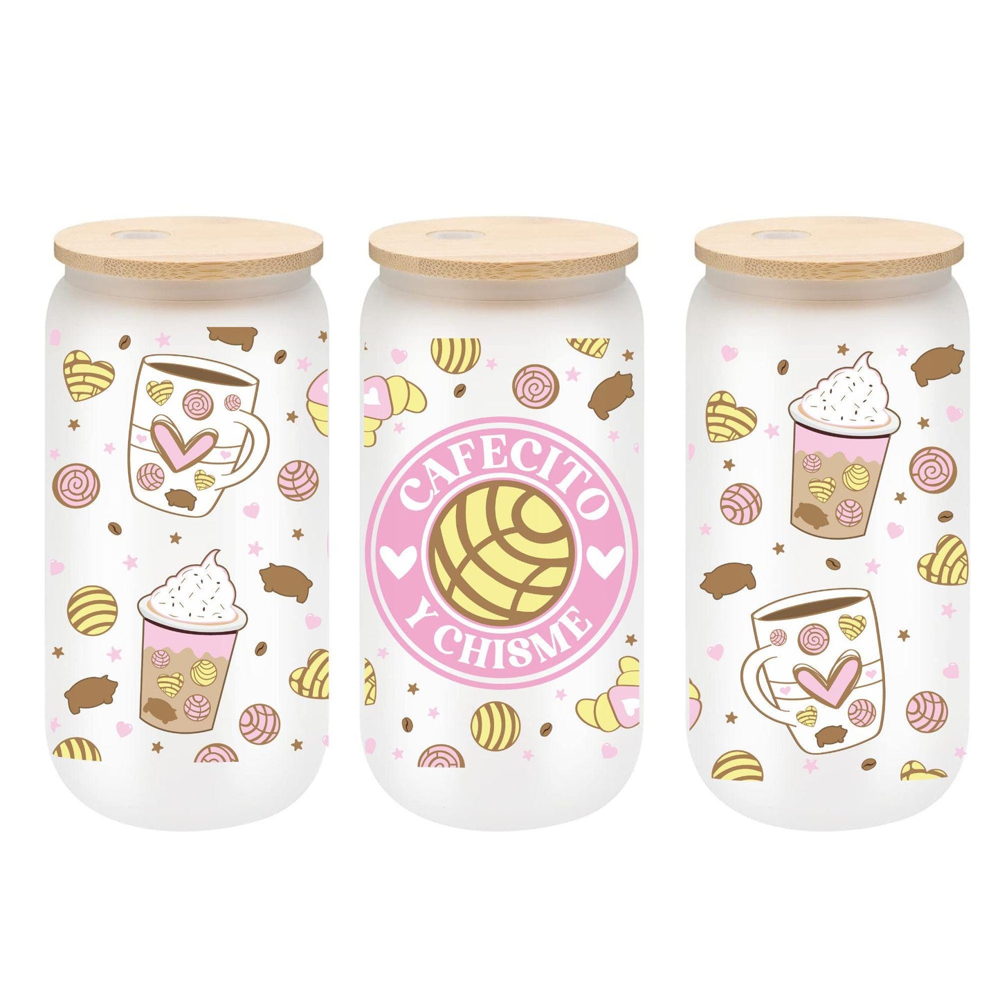 Cafecito y Chisme Glass Cup 16oz with Glass Straw and Bamboo Lid Coffee lover gifts