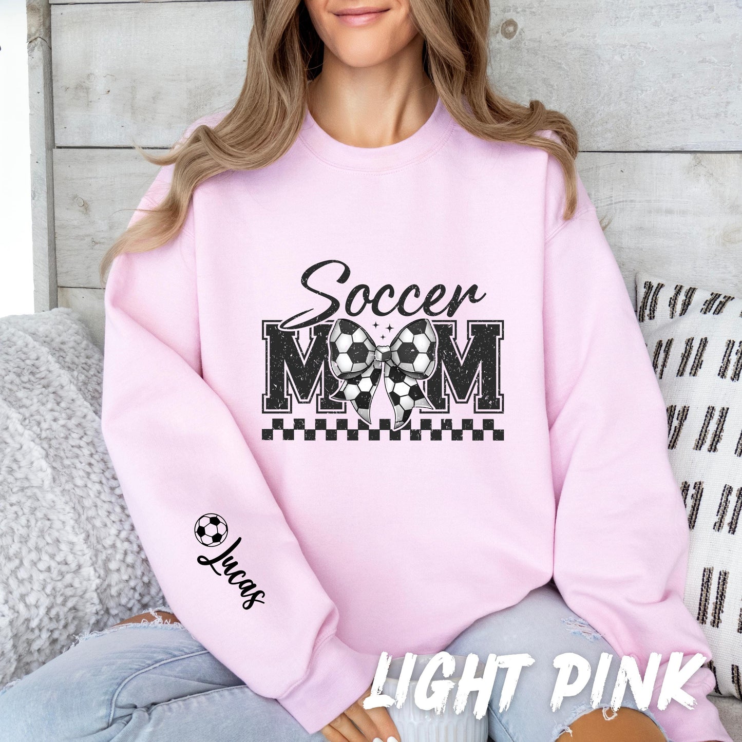 Soccer Mom Sweatshirt Personalized Coquette Soccer Sweatshirt with Name on Sleeve Sports Mom Shirt Mom Custom Gift