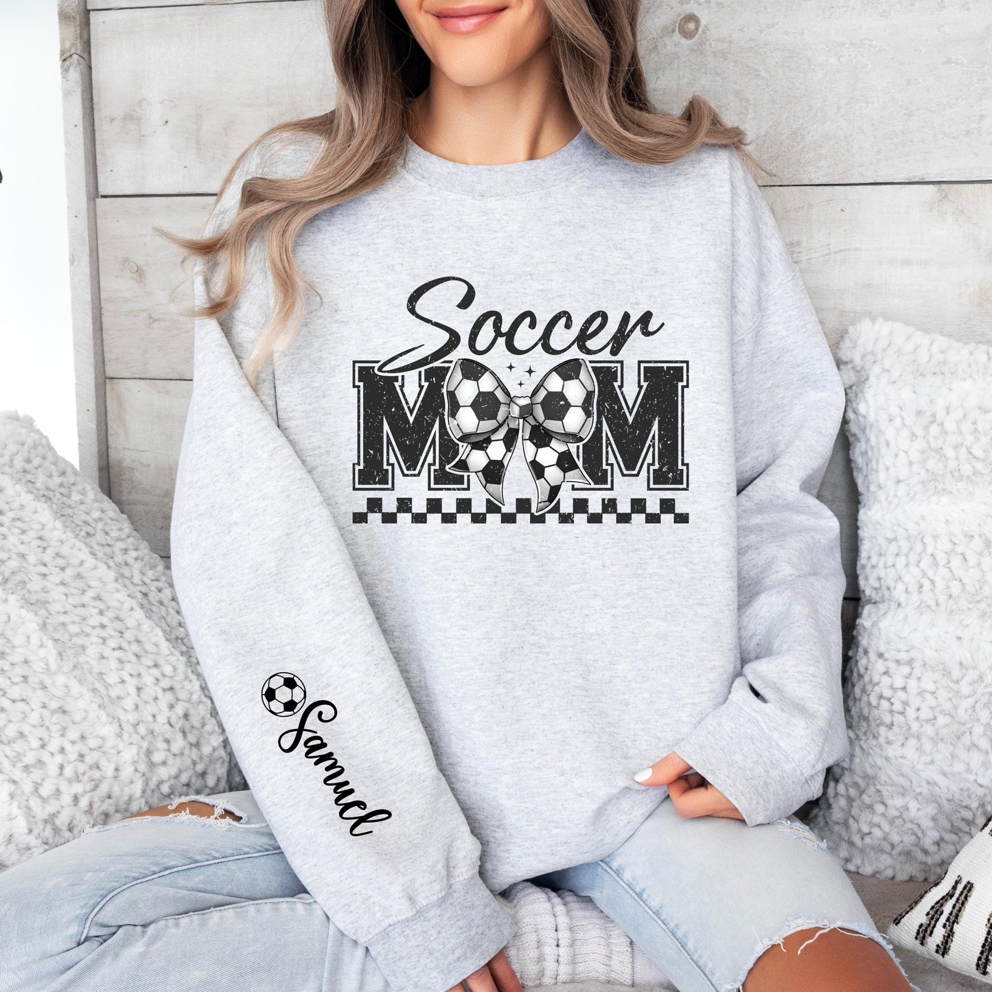 Soccer Mom Sweatshirt Personalized Coquette Soccer Sweatshirt with Name on Sleeve Sports Mom Shirt Mom Custom Gift