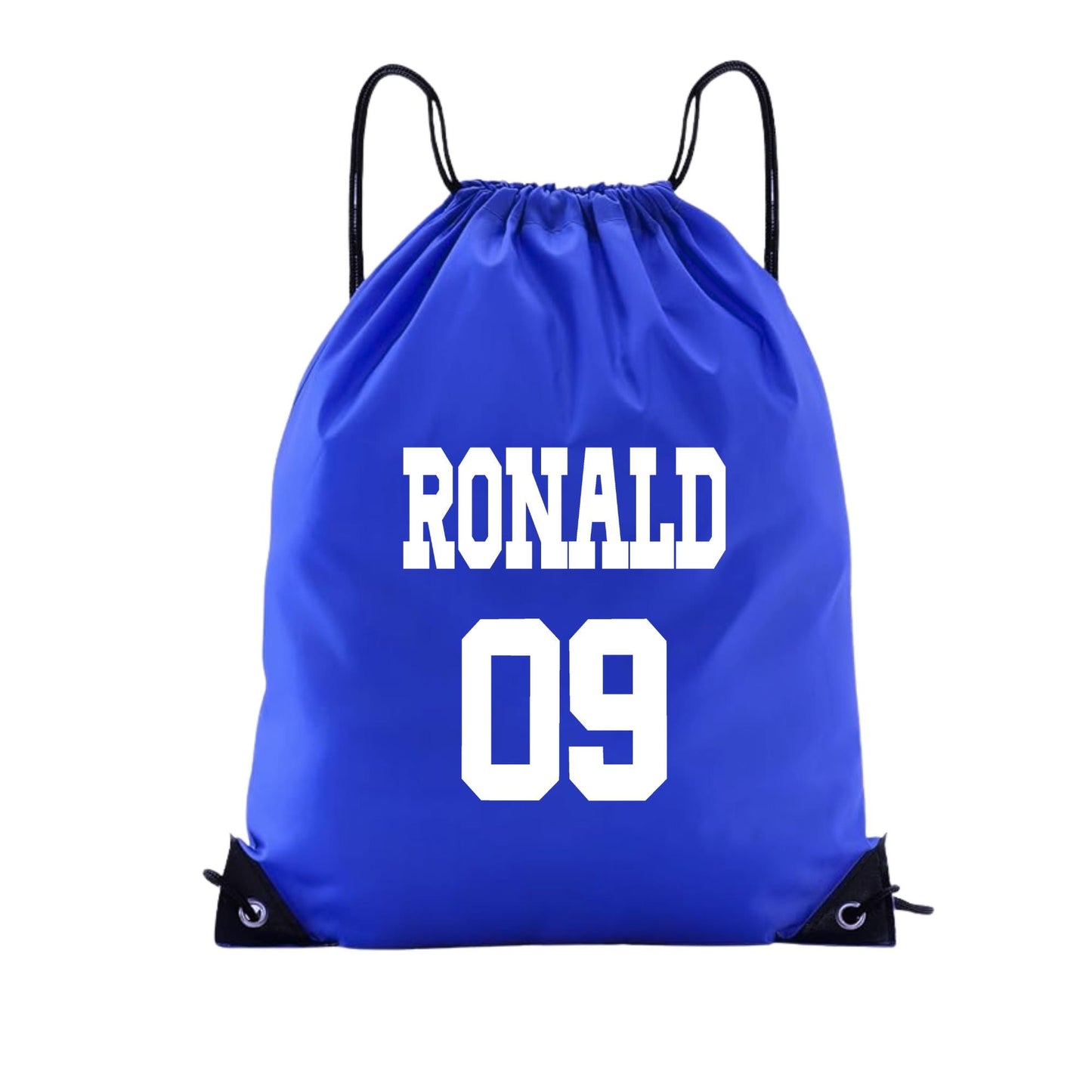 Custom drawstring soccer backpack with black accents, customized with "custom name" and "custom player number" in bold white athletic font. Jersey-style design, perfect for sports teams, athletes, or personalized gifts.