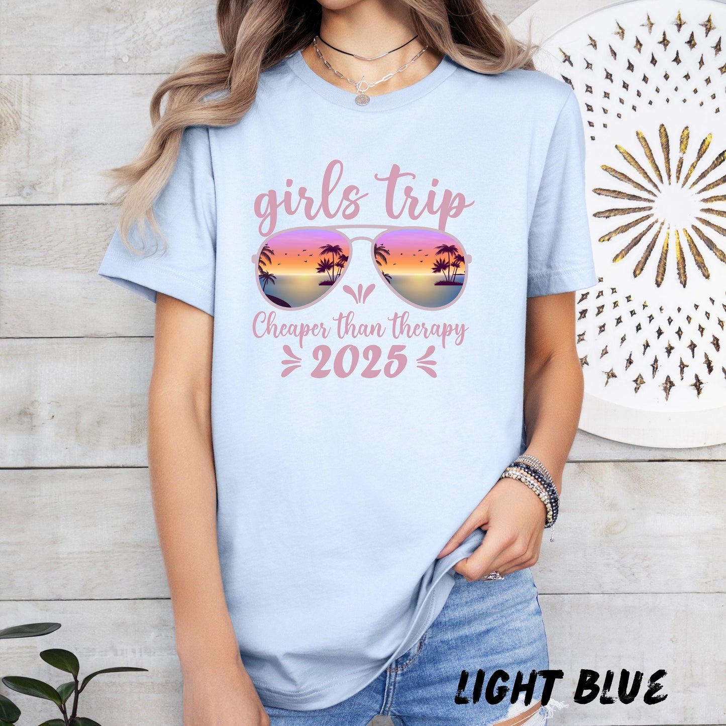 Girls Trip 2025 Shirt – Cheaper Than Therapy Tee, Summer Vacation Matching Shirts, Tropical Sunset Graphic, Bachelorette Party T-Shirt