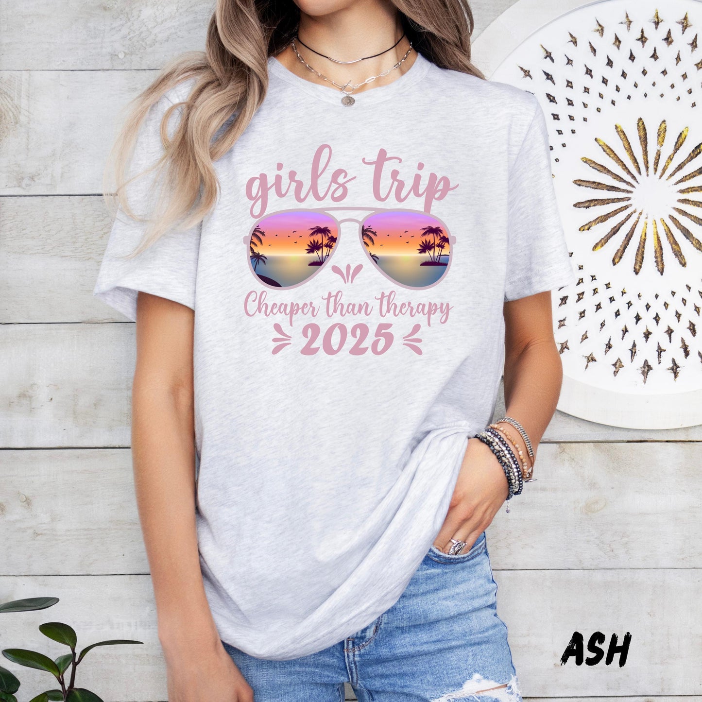 Girls Trip 2025 Shirt – Cheaper Than Therapy Tee, Summer Vacation Matching Shirts, Tropical Sunset Graphic, Bachelorette Party T-Shirt