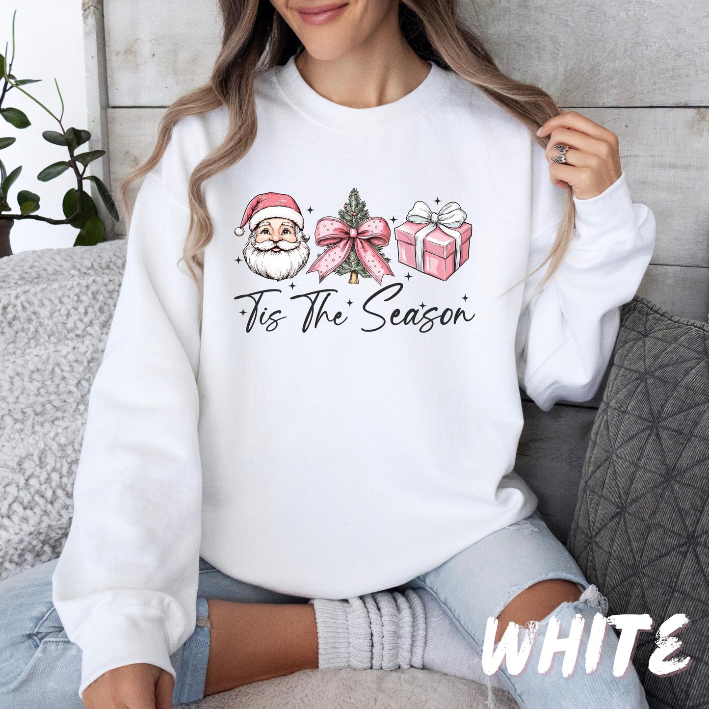 Tis The Season Sweatshirt – Cute Pink Christmas Sweater – Pink Santa Unisex Pullover – Cozy Holiday Shirt – Festive Winter Top