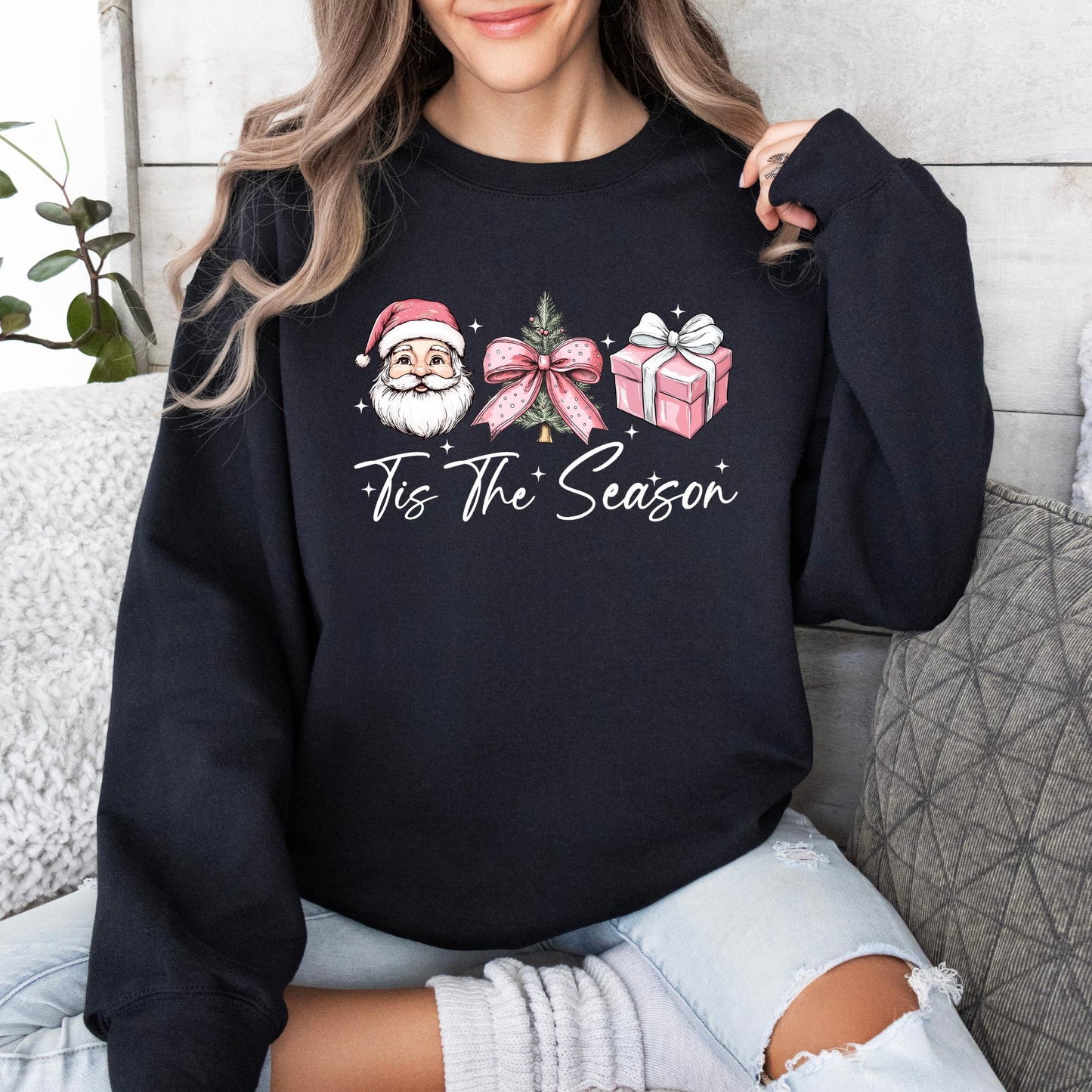 Tis The Season Sweatshirt – Cute Pink Christmas Sweater – Pink Santa Unisex Pullover – Cozy Holiday Shirt – Festive Winter Top