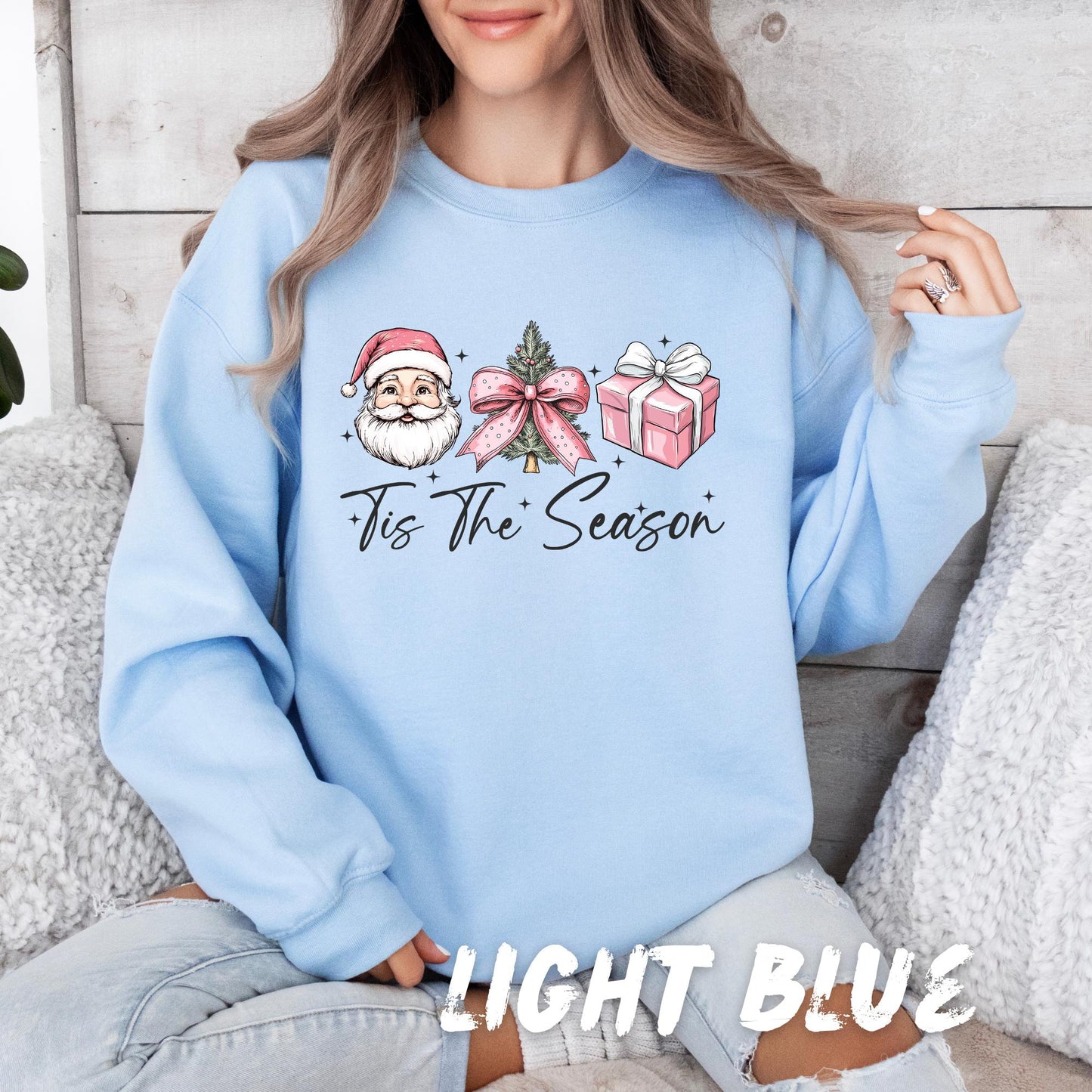 Tis The Season Sweatshirt – Cute Pink Christmas Sweater – Pink Santa Unisex Pullover – Cozy Holiday Shirt – Festive Winter Top