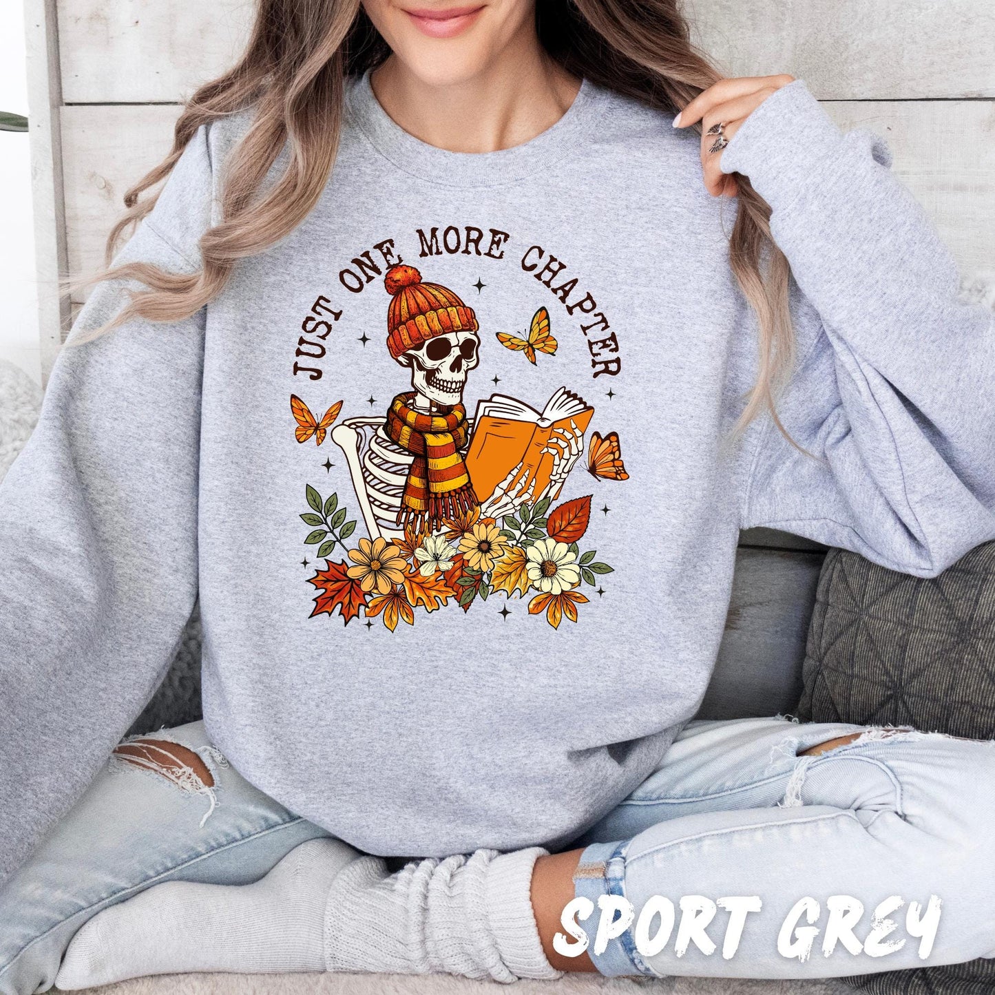 One More Chapter Skeleton Sweatshirt | Fall Book Lover Cozy Reading Sweater | Autumn Floral Skull Pullover | Halloween Reader Gift for Women