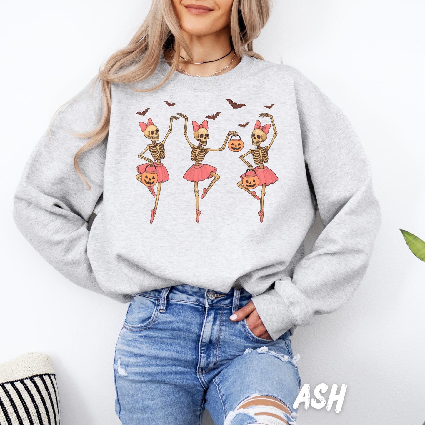 Cute Skeleton Ballerina Halloween Sweatshirt | Pink Tutu Skeleton Pullover | Fall Halloween Dance Sweater for Women and Girls