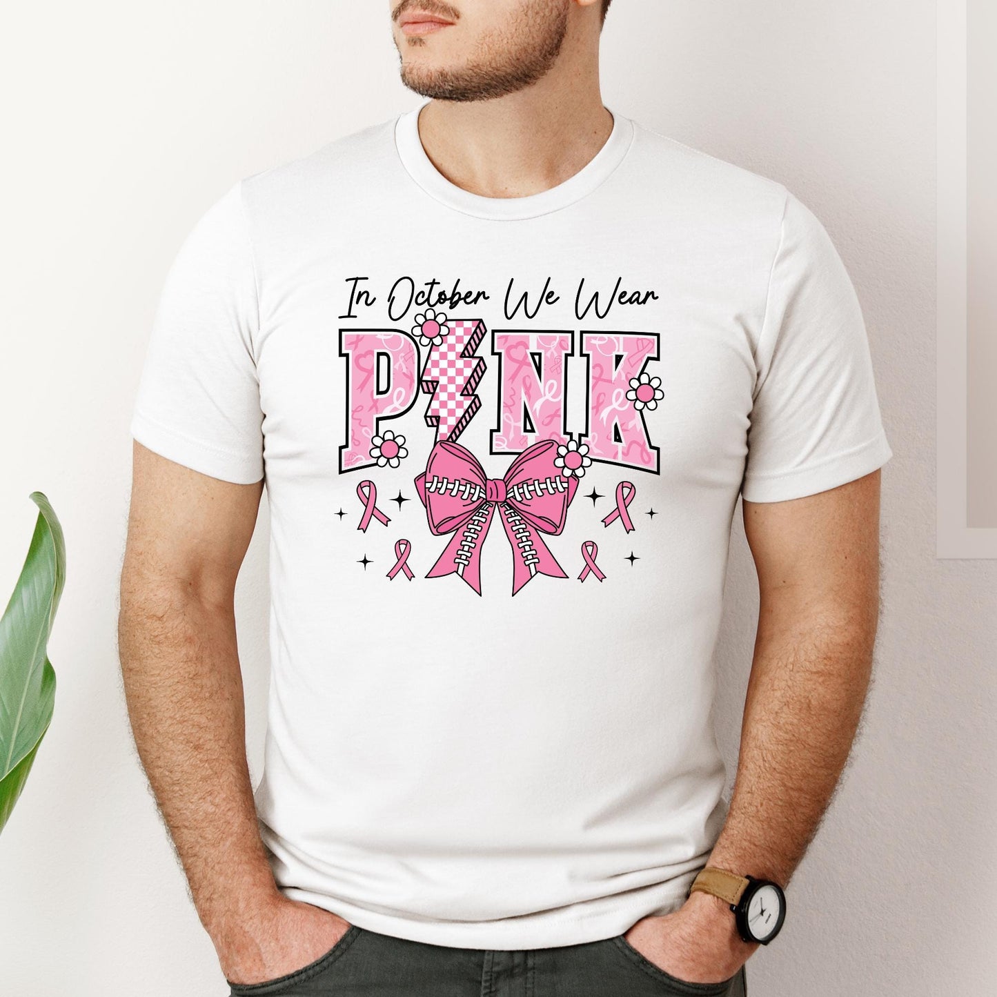 In October We Wear Pink T-Shirt – Breast Cancer Awareness Shirt, Pink Ribbon Support Tee, Baseball Bow Pink October Graphic Top