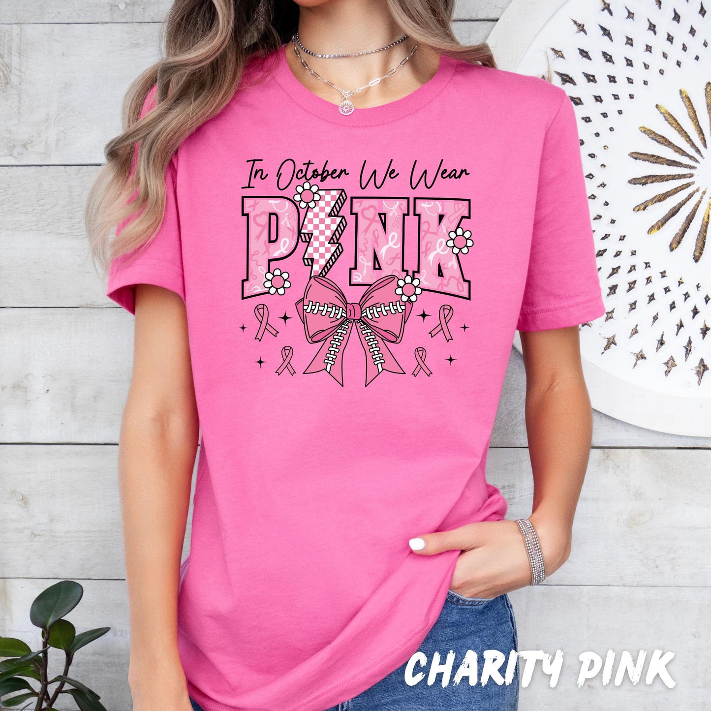 In October We Wear Pink T-Shirt – Breast Cancer Awareness Shirt, Pink Ribbon Support Tee, Baseball Bow Pink October Graphic Top
