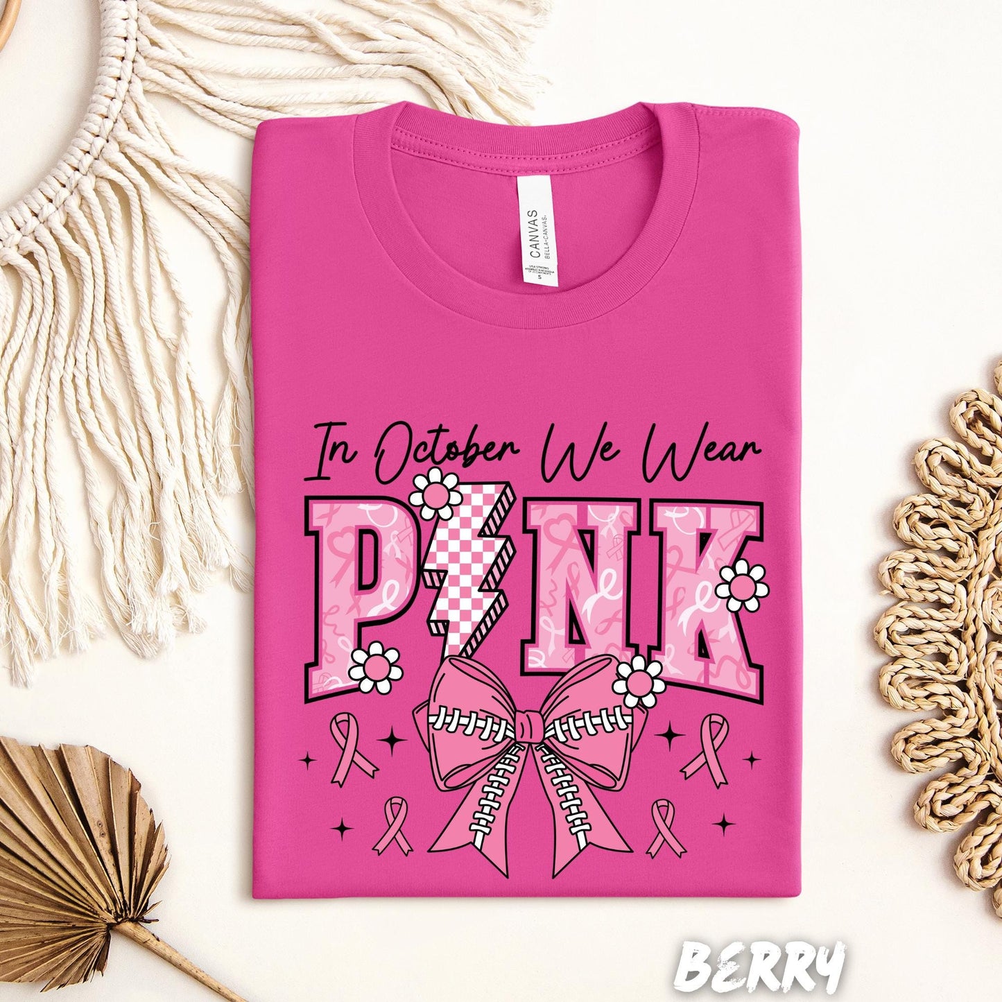 In October We Wear Pink T-Shirt – Breast Cancer Awareness Shirt, Pink Ribbon Support Tee, Baseball Bow Pink October Graphic Top
