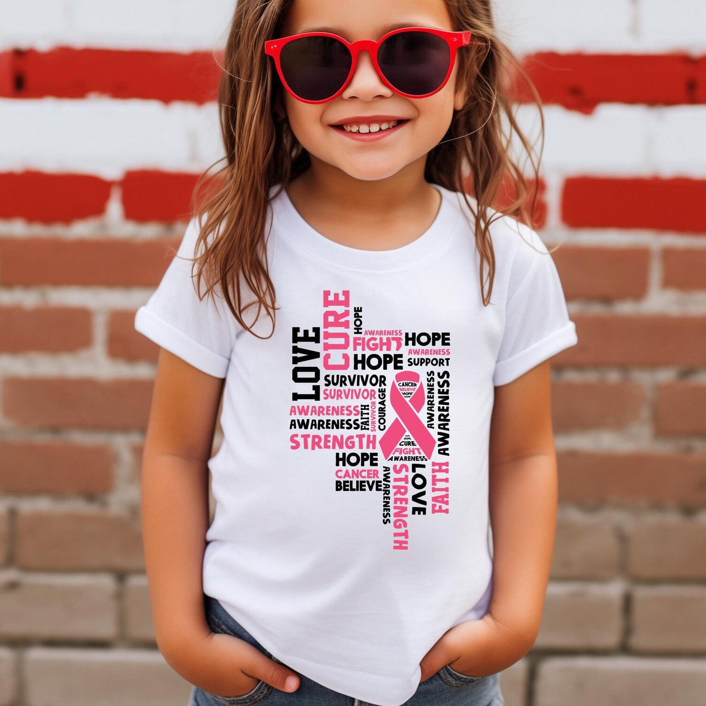 Breast Cancer Awareness Shirt – Pink Ribbon Word Tee, Hope Faith Love Cure Strength Survivor Support T-Shirt for Women - Breast Cancer Gift