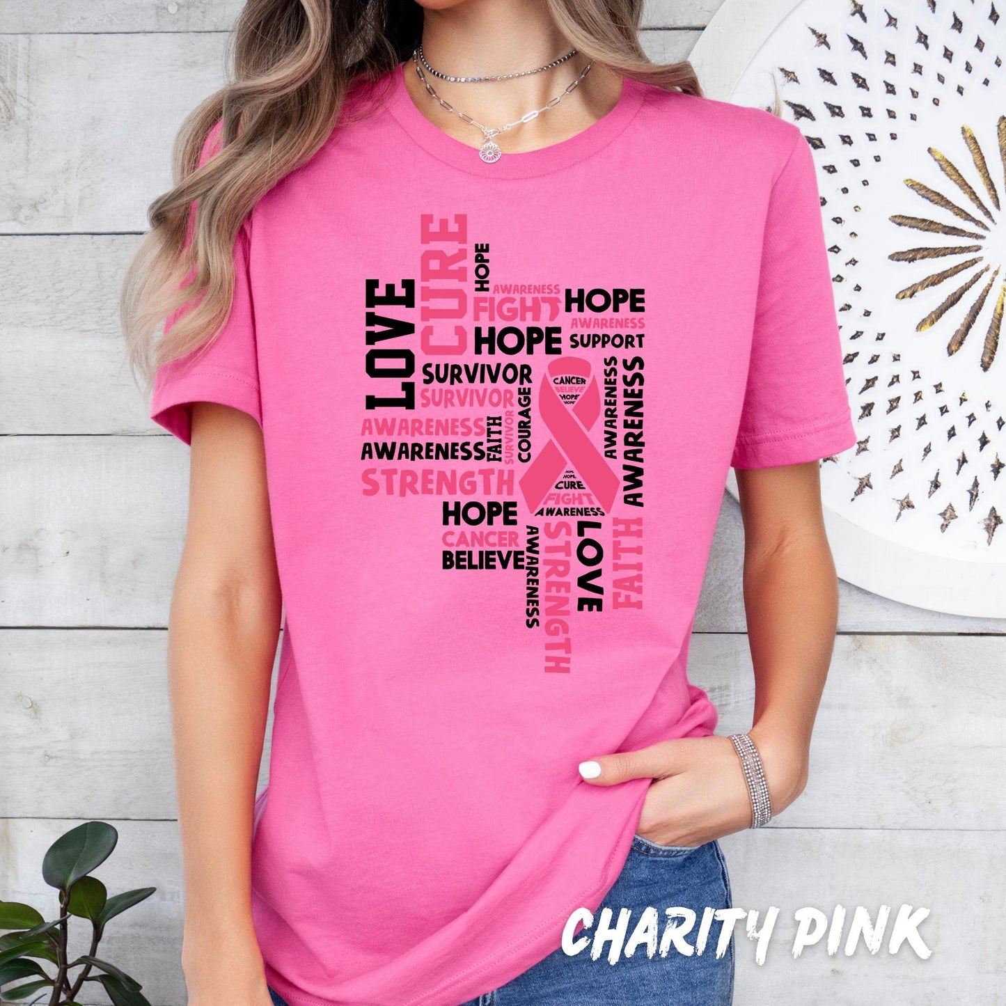 Breast Cancer Awareness Shirt – Pink Ribbon Word Tee, Hope Faith Love Cure Strength Survivor Support T-Shirt for Women - Breast Cancer Gift