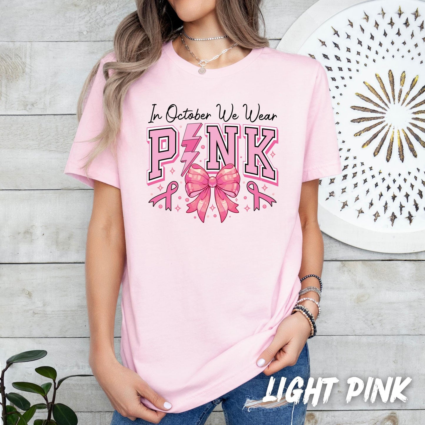 In October We Wear Pink Shirt – Breast Cancer Awareness T-Shirt, Pink Ribbon Bow Graphic Tee, Support Fight Cure, October Pink Top
