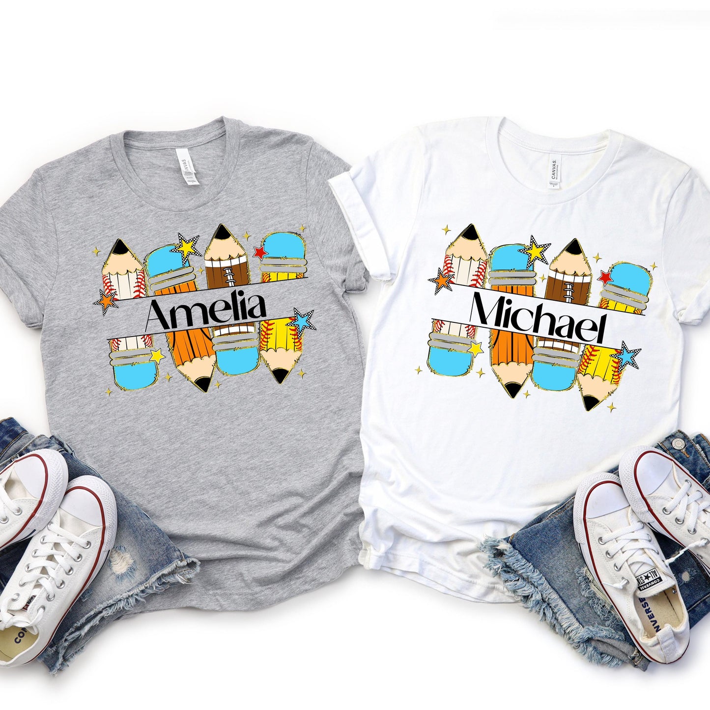 Custom back-to-school shirts featuring sports-themed pencils and name personalization – gray and white shirts with baseball, football, basketball, and softball pencil designs – includes a custom name printed across the center, perfect for kids' first day of school outfits.