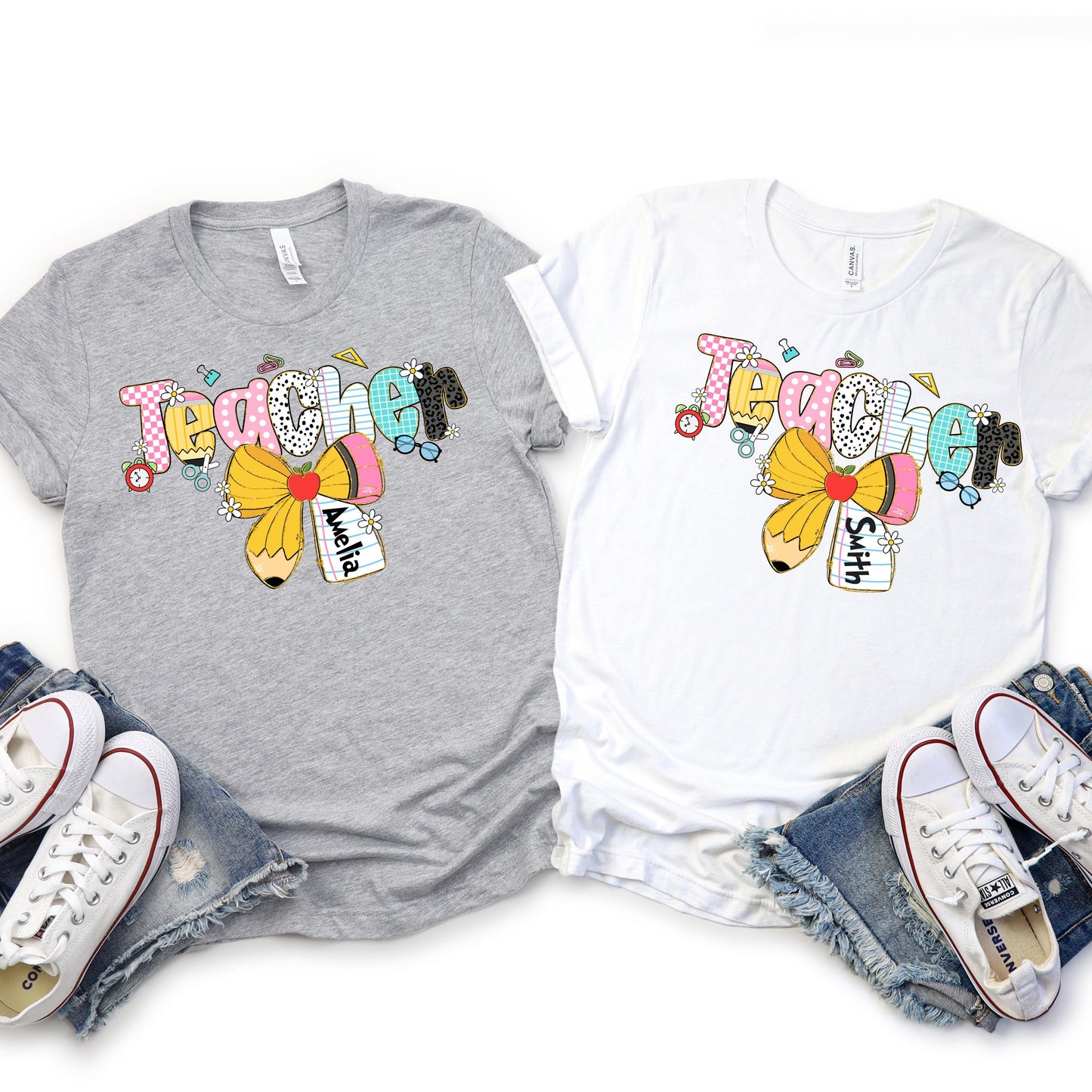 Custom teacher shirt featuring the word "Teacher" in colorful, playful school-themed letters with a yellow pencil bow and customizable name tag β perfect back-to-school or teacher appreciation gift.