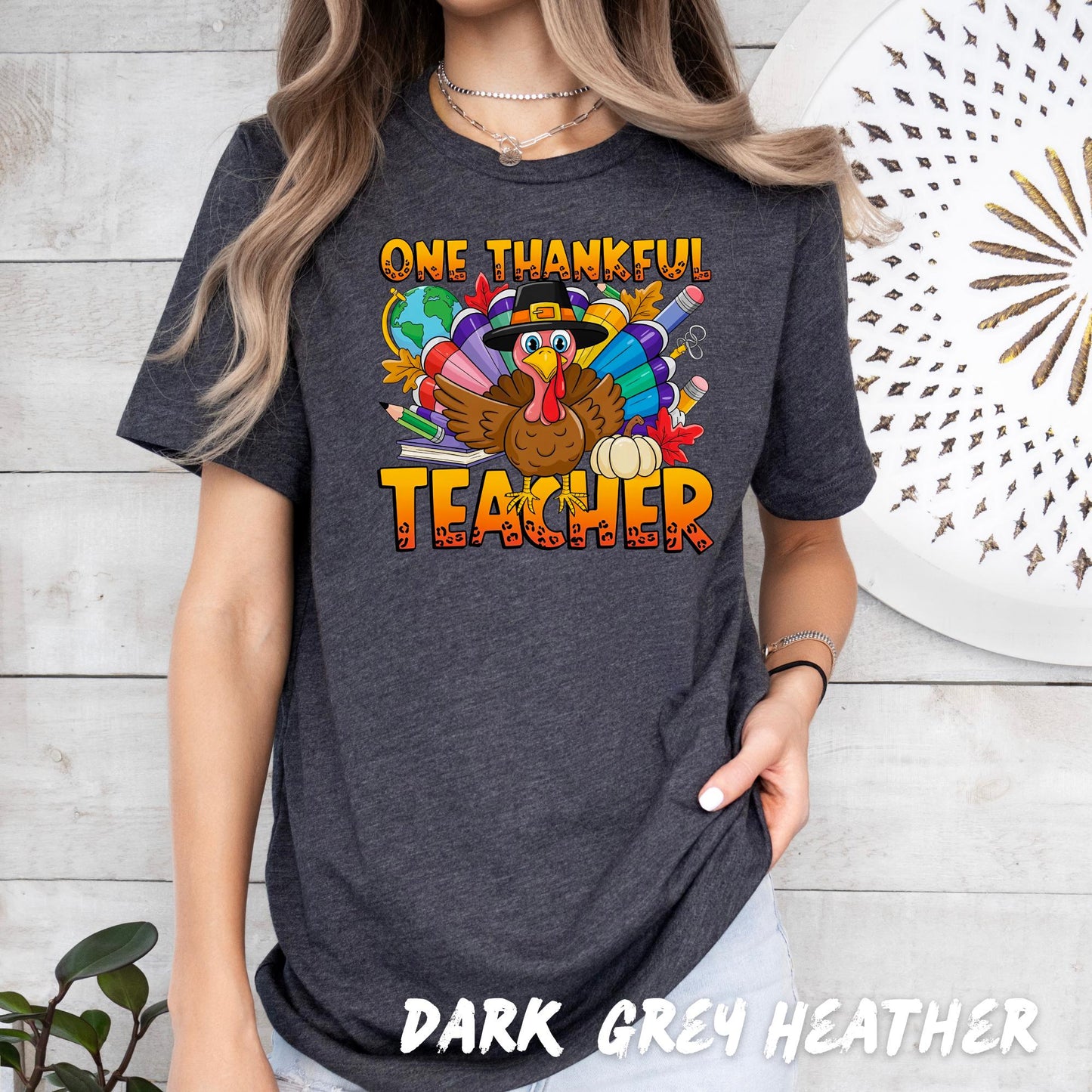 Thanksgiving Teacher Shirt - One Thankful Teacher Turkey Graphic Tee, Fall Teacher Shirt, Cute Autumn Holiday Top, Teacher Appreciation Gift