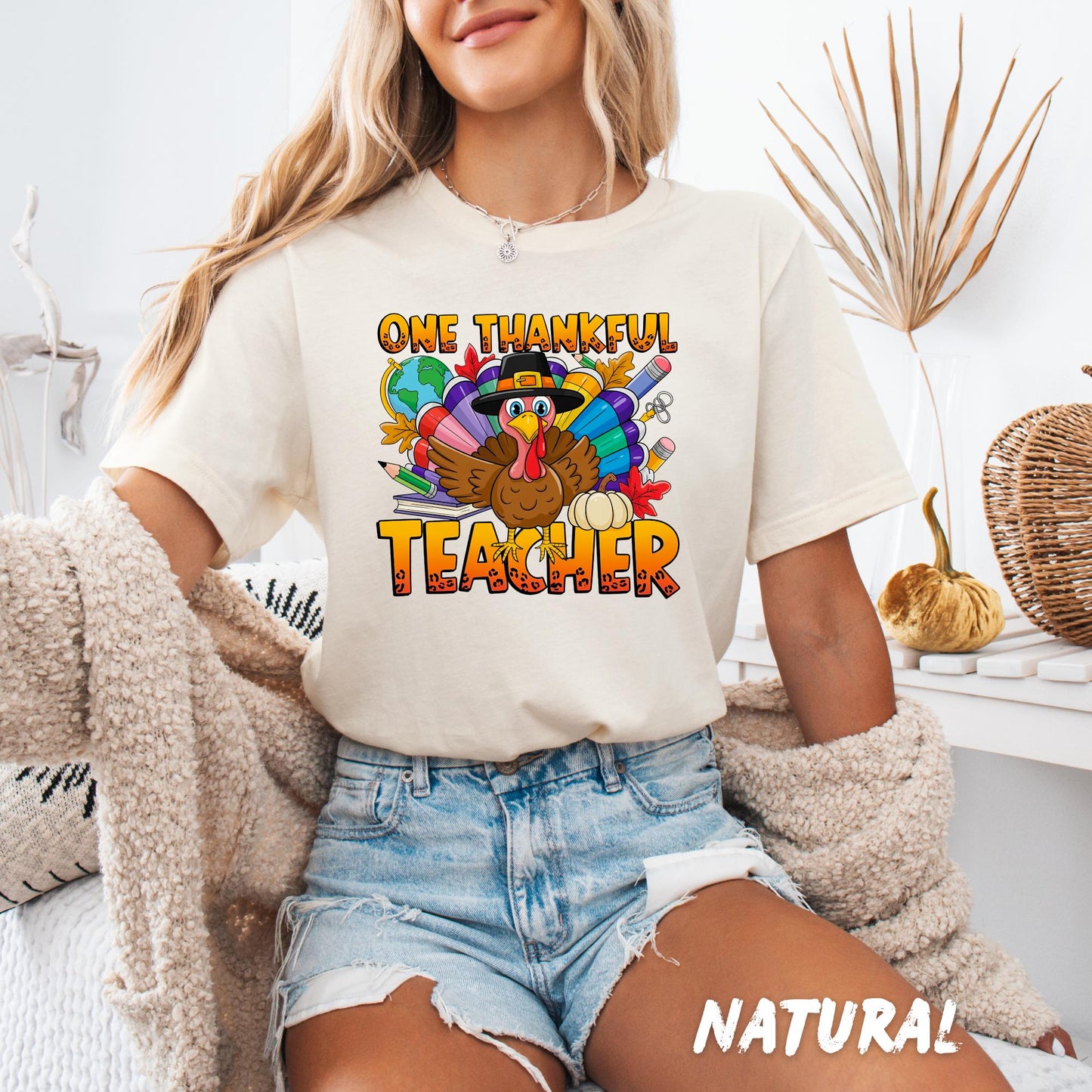 Thanksgiving Teacher Shirt - One Thankful Teacher Turkey Graphic Tee, Fall Teacher Shirt, Cute Autumn Holiday Top, Teacher Appreciation Gift