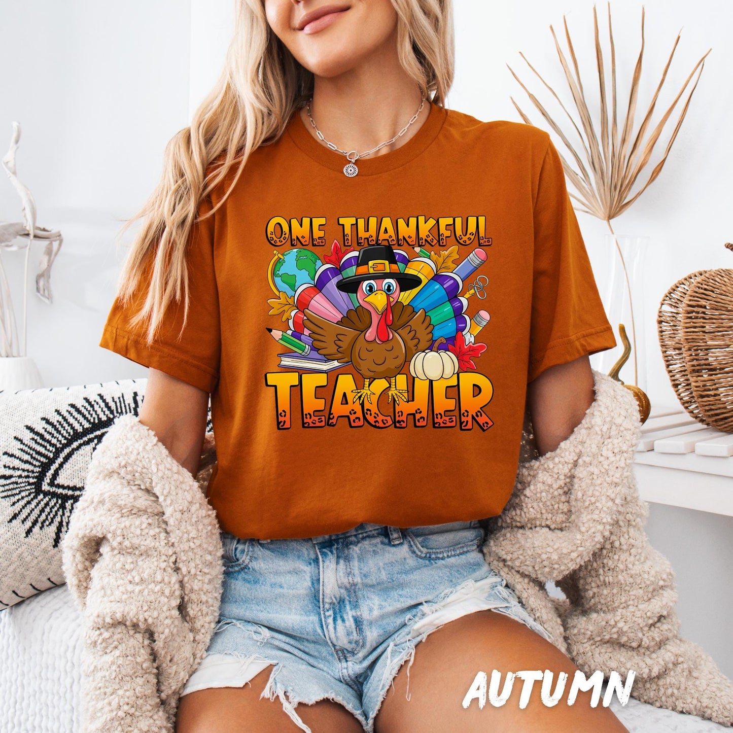 Thanksgiving Teacher Shirt - One Thankful Teacher Turkey Graphic Tee, Fall Teacher Shirt, Cute Autumn Holiday Top, Teacher Appreciation Gift