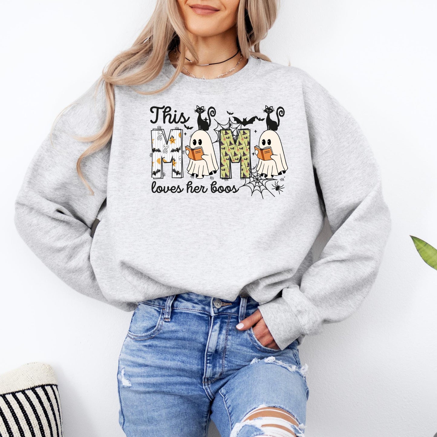 This Mom Loves Her Boos Sweatshirt | Halloween Mom Ghost Shirt | Cute Spooky Season Pullover | Fall Mom Sweater | Funny Halloween Crewneck
