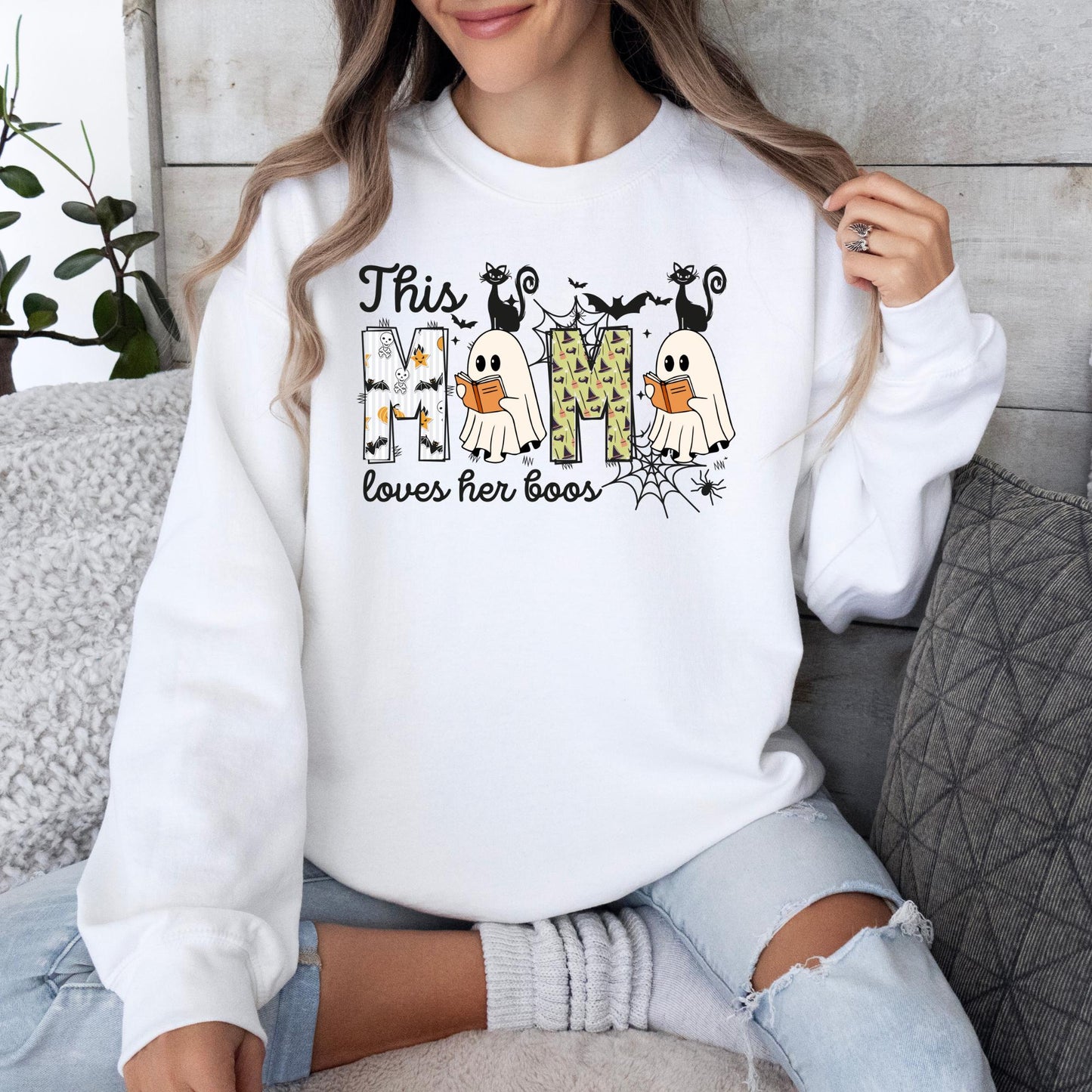 This Mom Loves Her Boos Sweatshirt | Halloween Mom Ghost Shirt | Cute Spooky Season Pullover | Fall Mom Sweater | Funny Halloween Crewneck