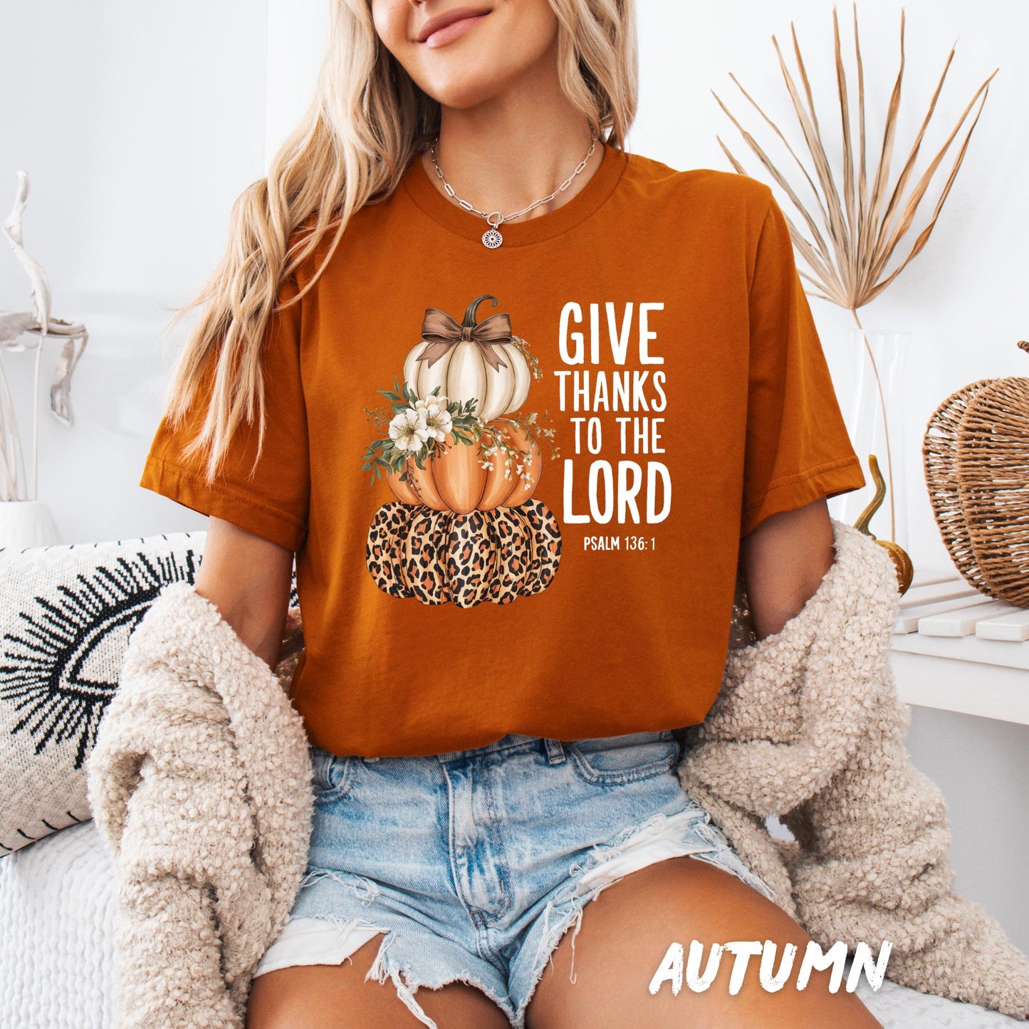 Give Thanks to the Lord Shirt – Christian Pumpkin Fall Tee, Psalm 136:1 Scripture Shirt, Faith Based Thanksgiving Shirt, Religious Tee