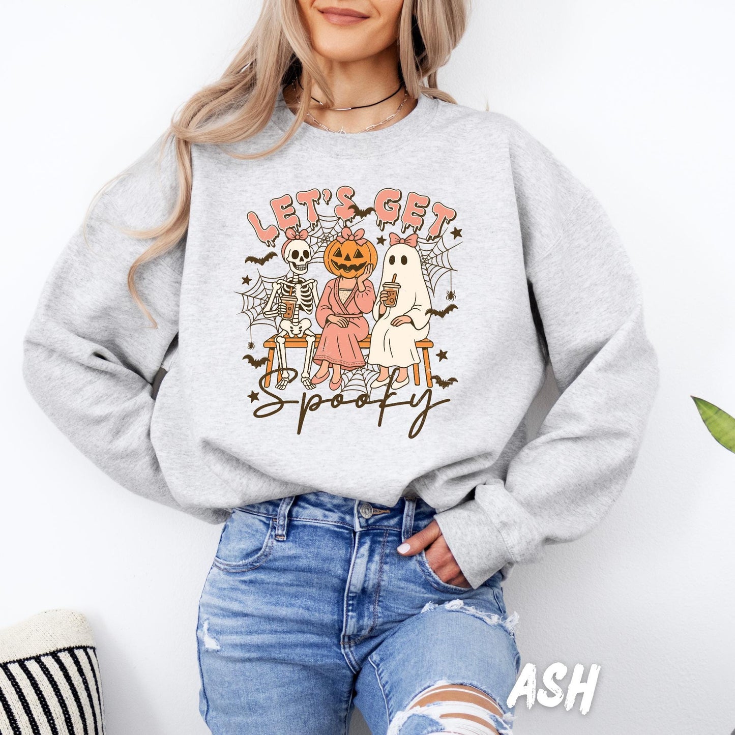 Let’s Get Spooky Sweatshirt | Cute Halloween Sweatshirt for Women | Ghost Pumpkin Skeleton Fall Crewneck | Spooky Season Gift