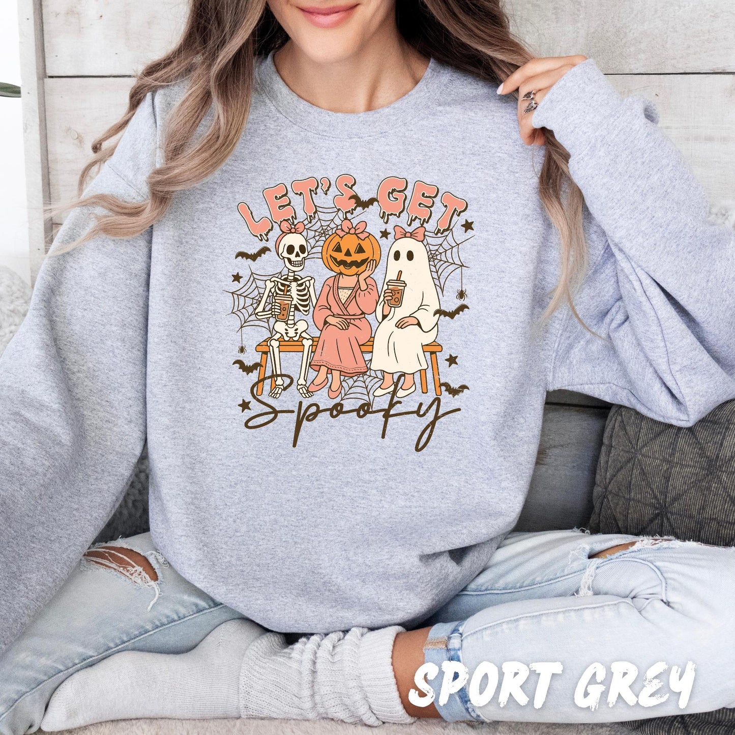 Let’s Get Spooky Sweatshirt | Cute Halloween Sweatshirt for Women | Ghost Pumpkin Skeleton Fall Crewneck | Spooky Season Gift