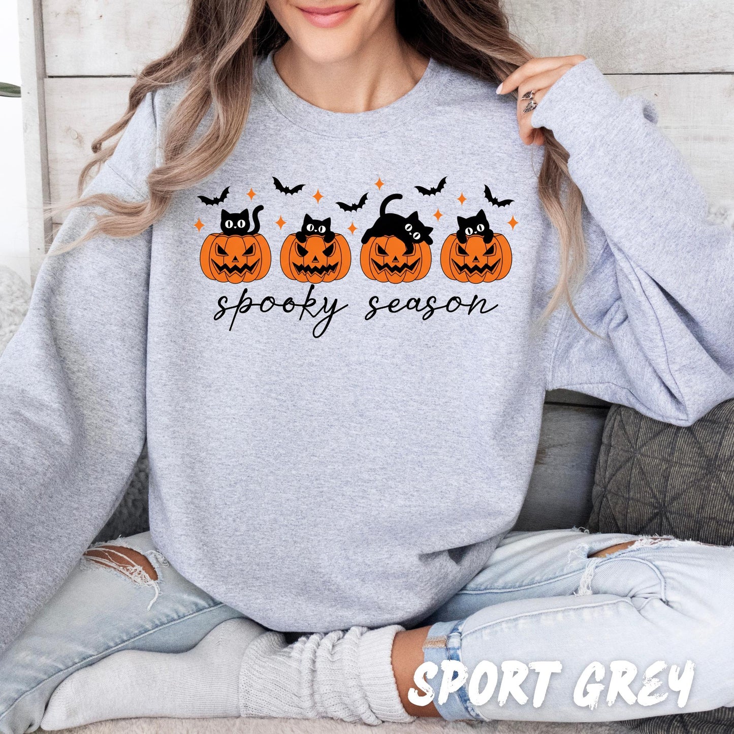 Spooky Season Sweatshirt Halloween Cat Pumpkin Fall Cozy Sand Crewneck Gift for Her Cute Halloween Shirt Autumn Pullover
