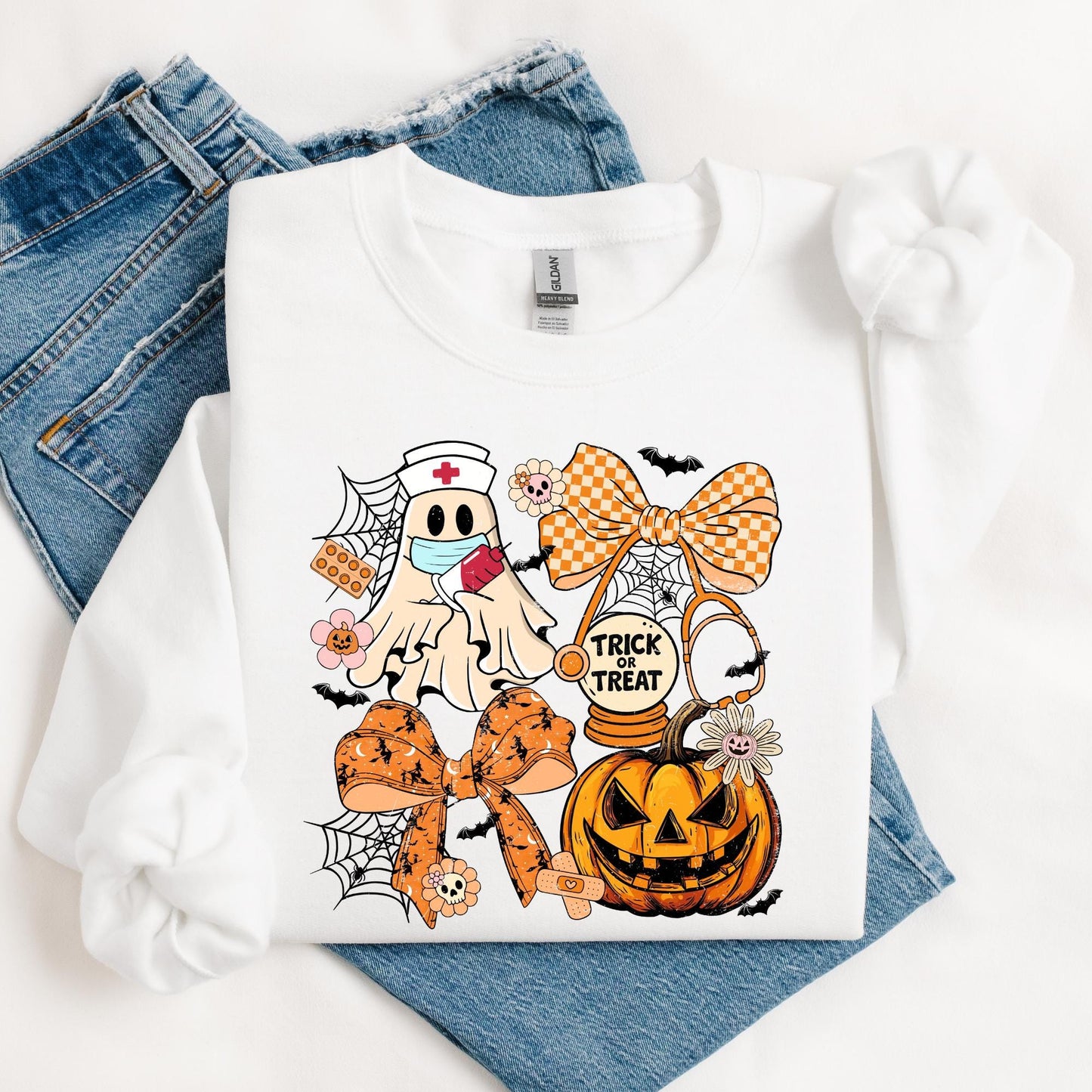 Halloween Nurse Ghost Sweatshirt – Cute Trick or Treat Fall Crewneck – Spooky Season Nurse Shirt – Medical Halloween Sweater
