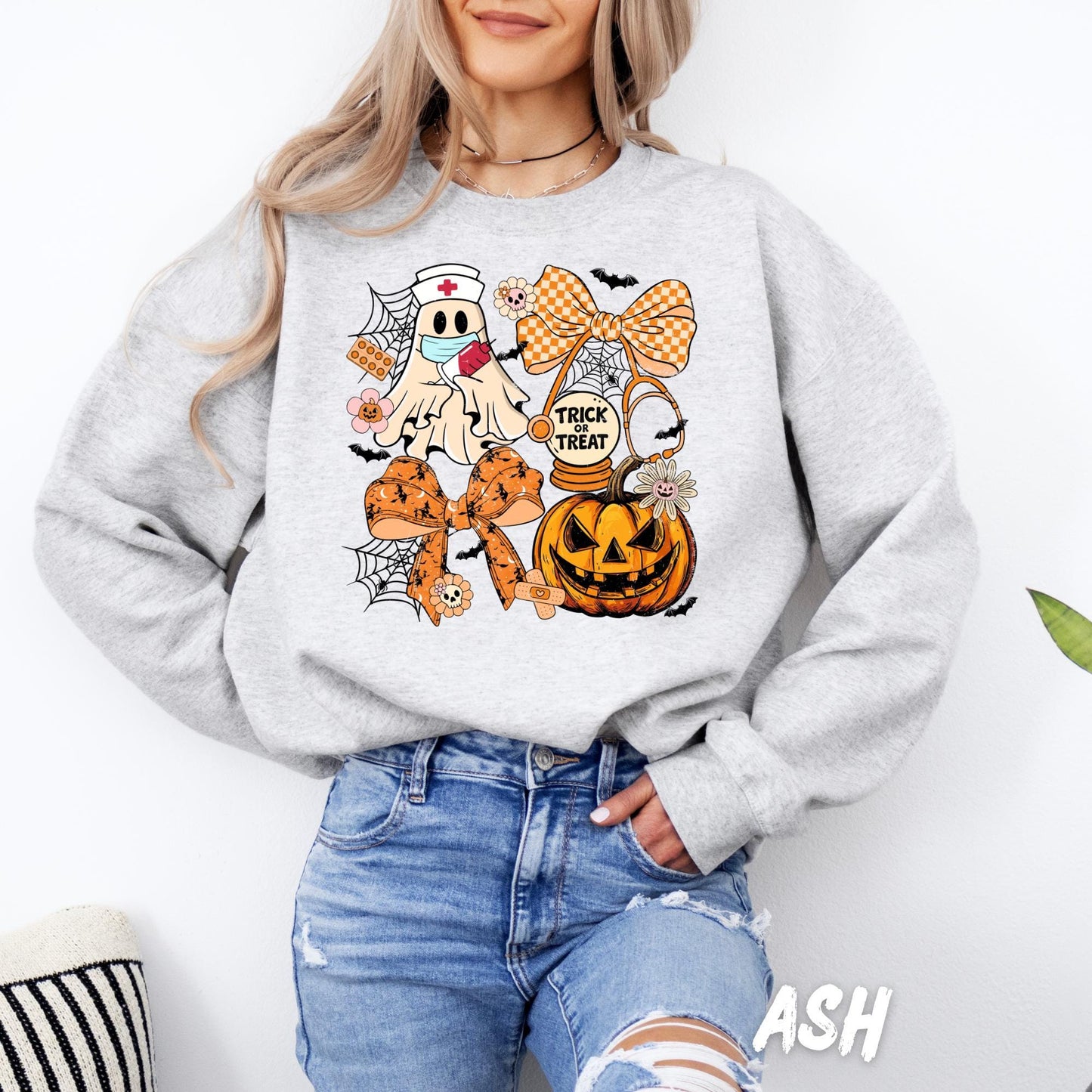 Halloween Nurse Ghost Sweatshirt – Cute Trick or Treat Fall Crewneck – Spooky Season Nurse Shirt – Medical Halloween Sweater