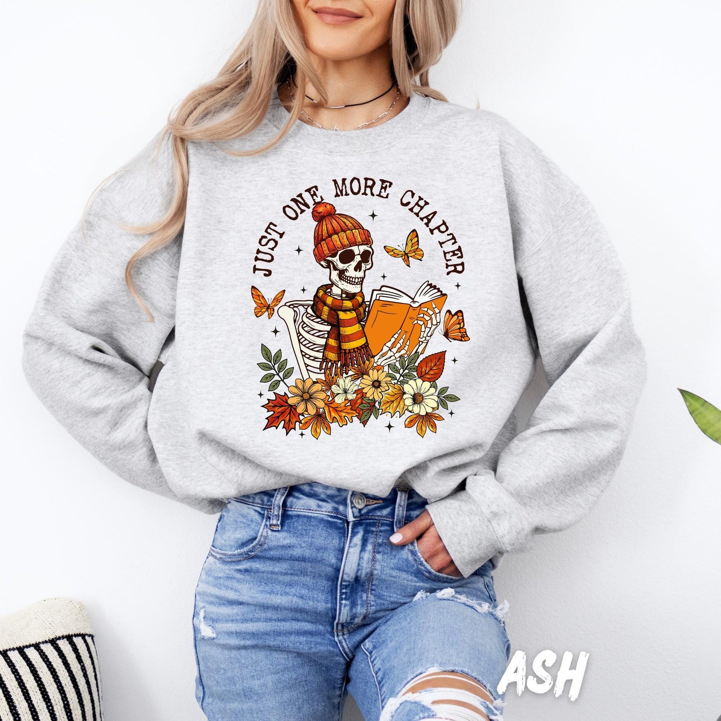 One More Chapter Skeleton Sweatshirt | Fall Book Lover Cozy Reading Sweater | Autumn Floral Skull Pullover | Halloween Reader Gift for Women