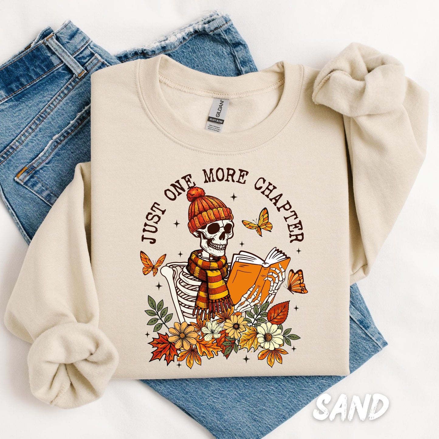 One More Chapter Skeleton Sweatshirt | Fall Book Lover Cozy Reading Sweater | Autumn Floral Skull Pullover | Halloween Reader Gift for Women