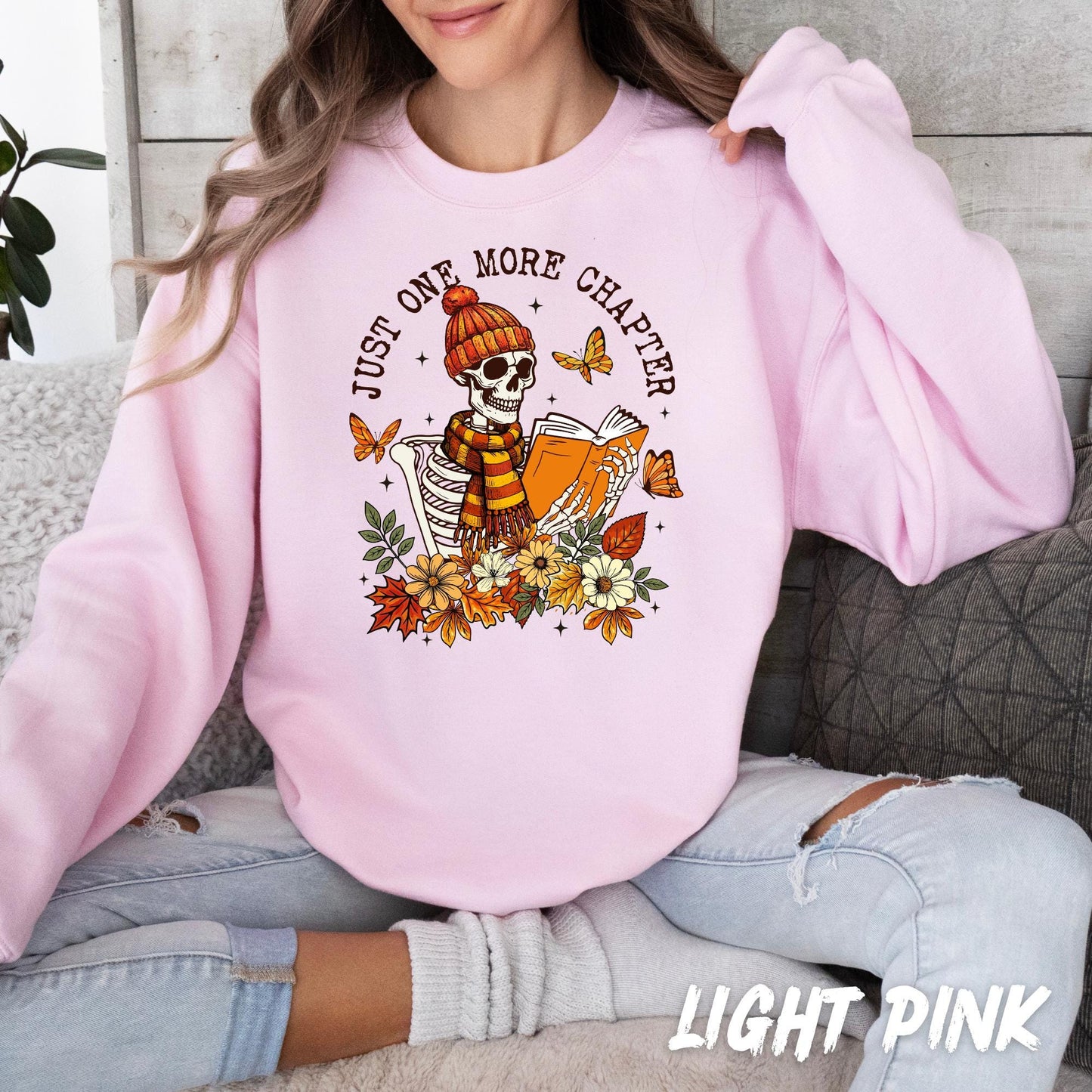 One More Chapter Skeleton Sweatshirt | Fall Book Lover Cozy Reading Sweater | Autumn Floral Skull Pullover | Halloween Reader Gift for Women
